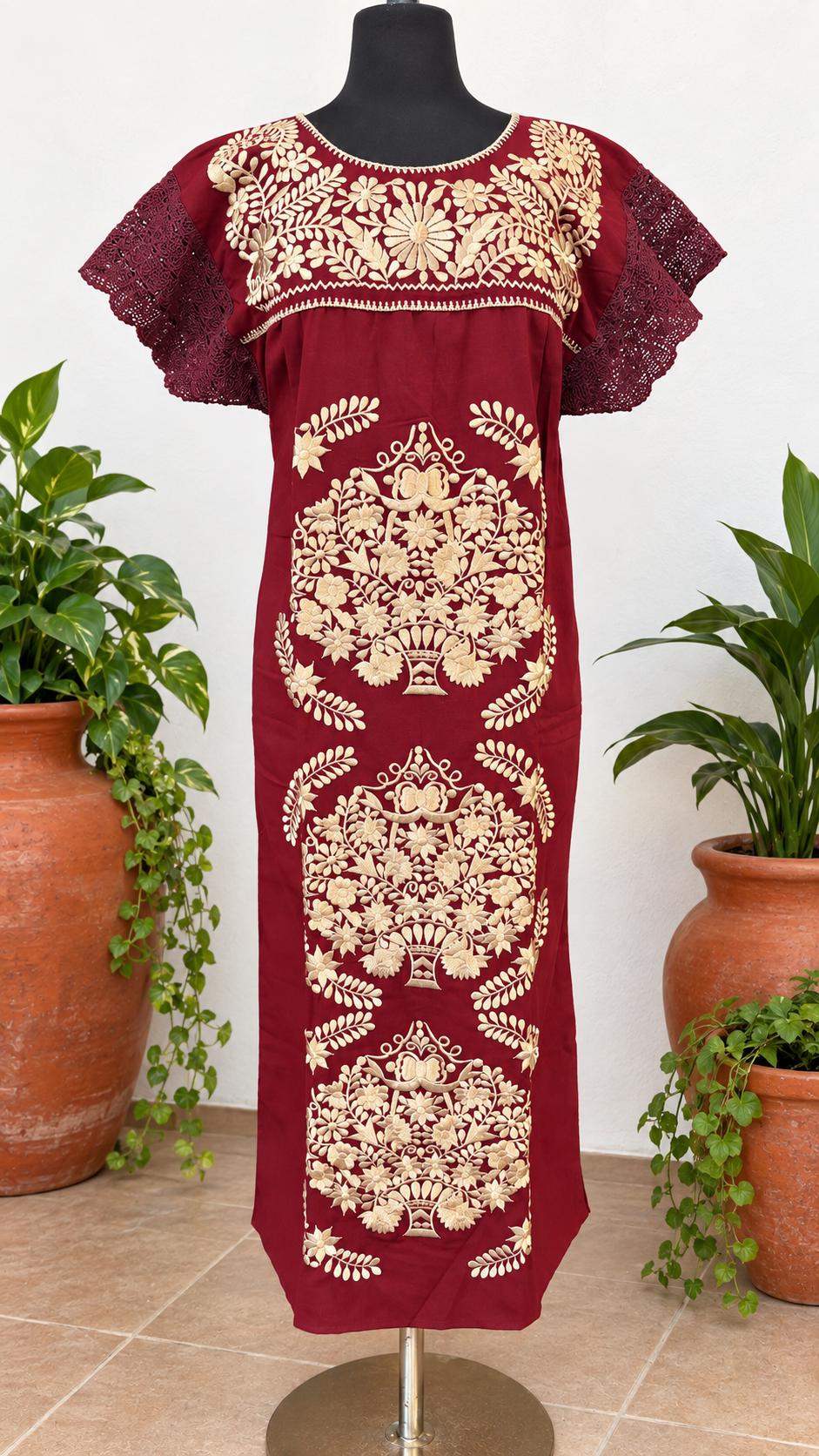 Image of Mexican Embroidered Maxi Dress, Golden Floral Artisanal Style, Cocktail Date Night - Medium & Large