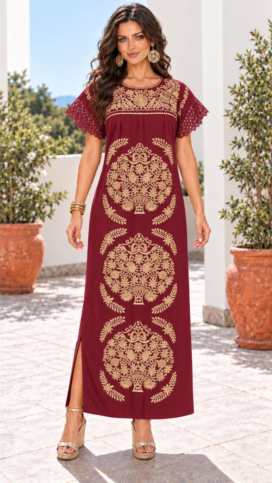 Image of Mexican Embroidered Maxi Dress, Golden Floral Artisanal Style, Cocktail Date Night - Medium & Large
