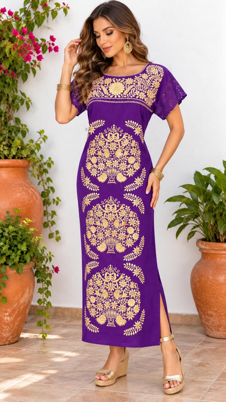 Image of Mexican Embroidered Maxi Dress, Golden Floral Artisanal Style, Cocktail Date Night - Medium & Large