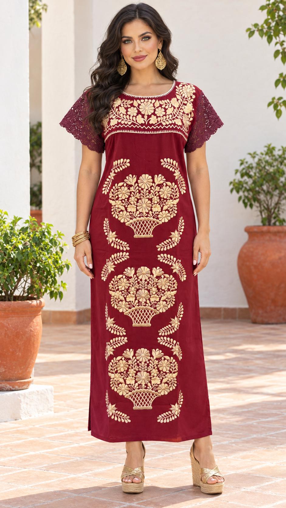 Image of Dayanara 2, Mexican Embroidered Longe Dress – Artisanal Golden Floral Maxi Style, Cocktail dress, Date night, Special events, Small