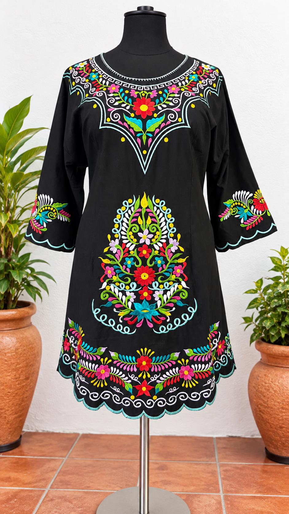 Image of Plus Size, Mexican Embroidered Dress, Black Floral Fiesta Outfit, Puebla Style, Wedding Guest Attire, Floral Folk Art Tunic