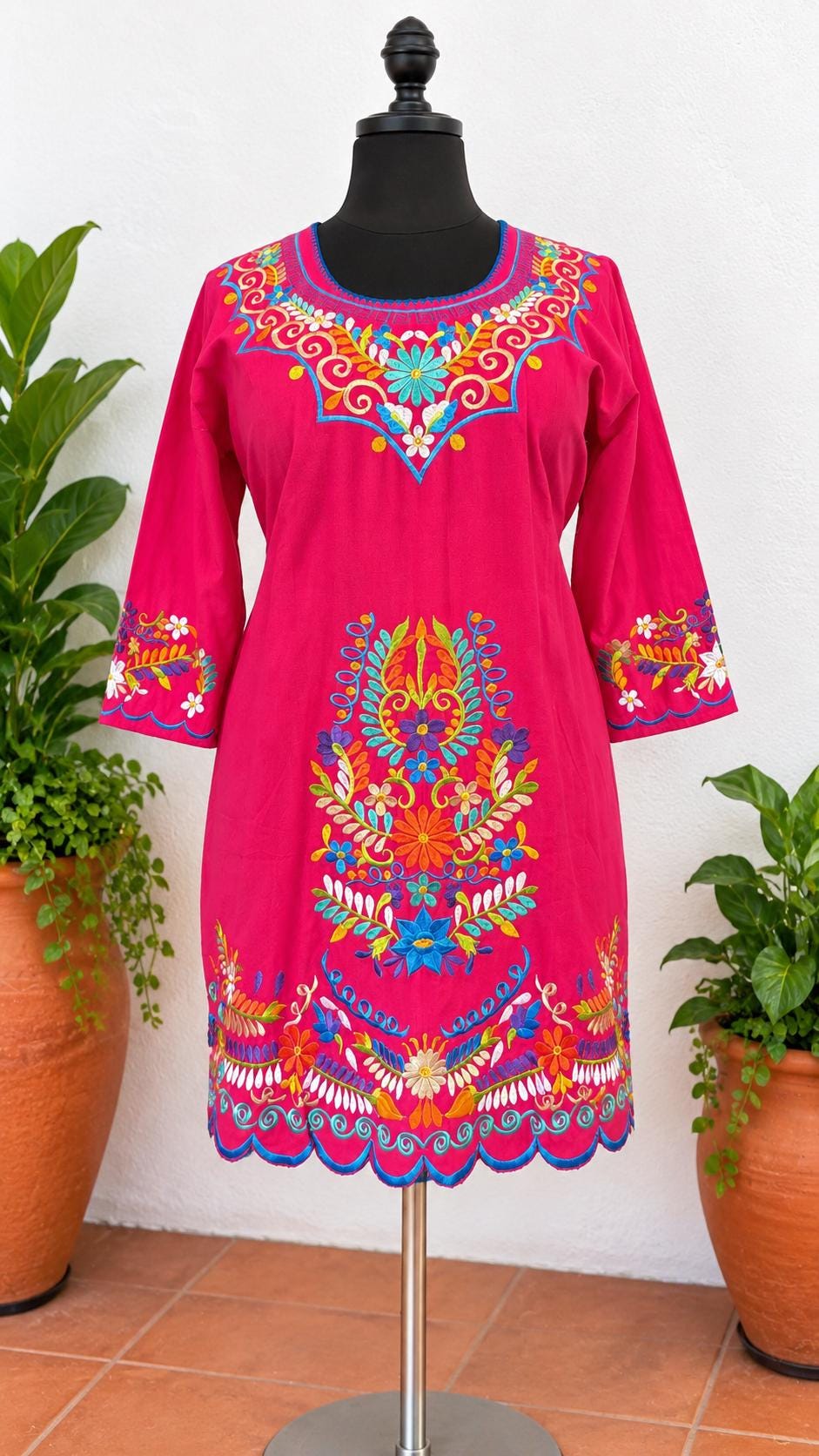 Image of Plus Size, Mexican Embroidered Dress, Fiusha Floral Fiesta Outfit, Puebla Style, Wedding Guest Attire, Floral Folk Art Tunic