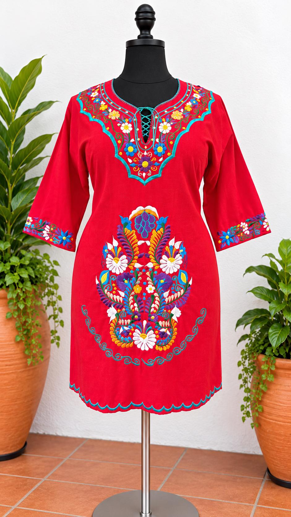 Image of Mexican Embroidered Dress, Red Floral Fiesta Outfit, Puebla Style, Wedding Guest Attire