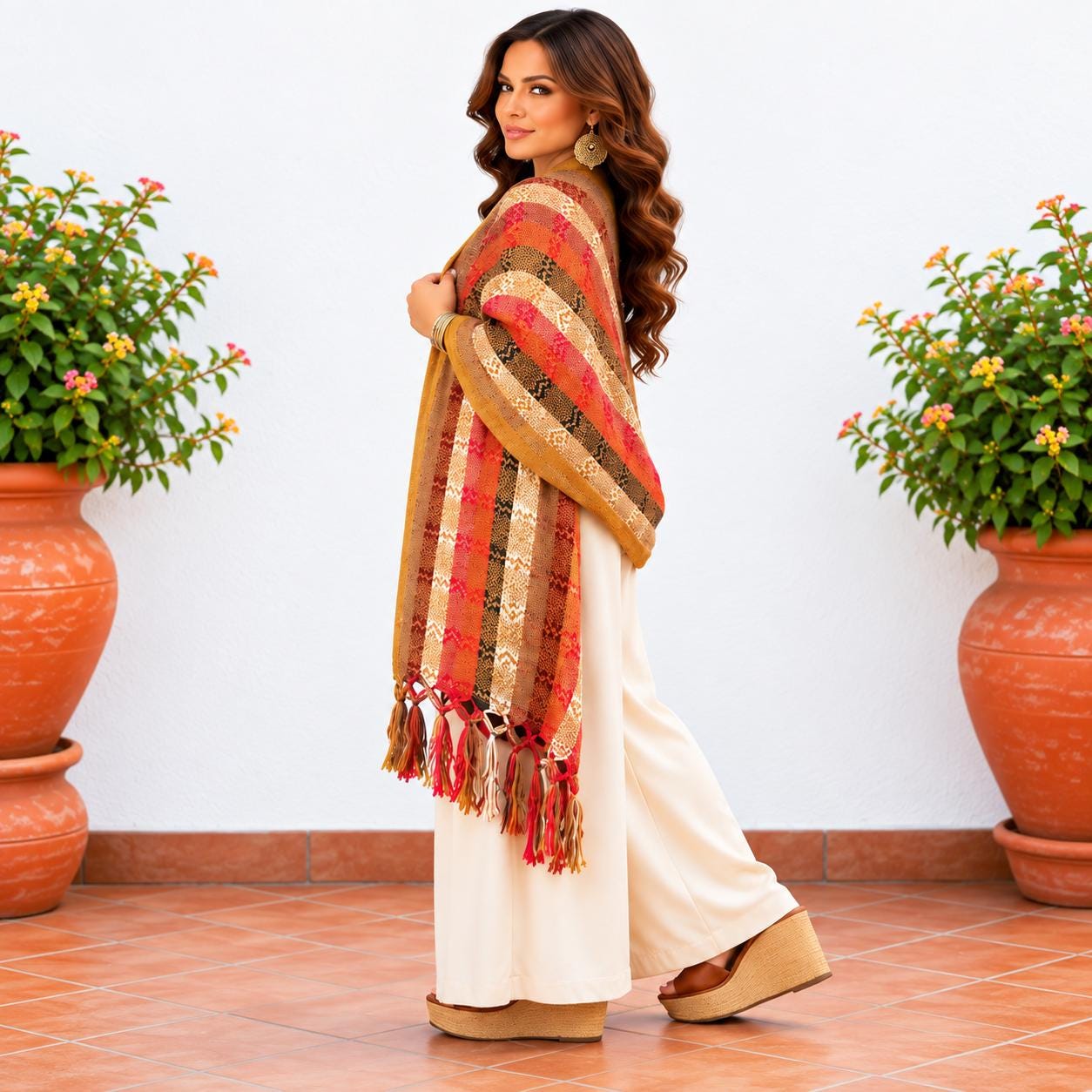Image of Handmade Terra Cotta tones Mexican Rebozo Shawl: Artisan Cotton Blend Wrap