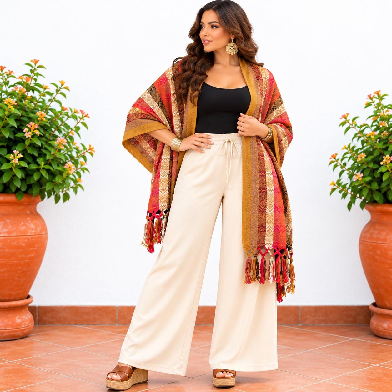Image of Handmade Terra Cotta tones Mexican Rebozo Shawl: Artisan Cotton Blend Wrap