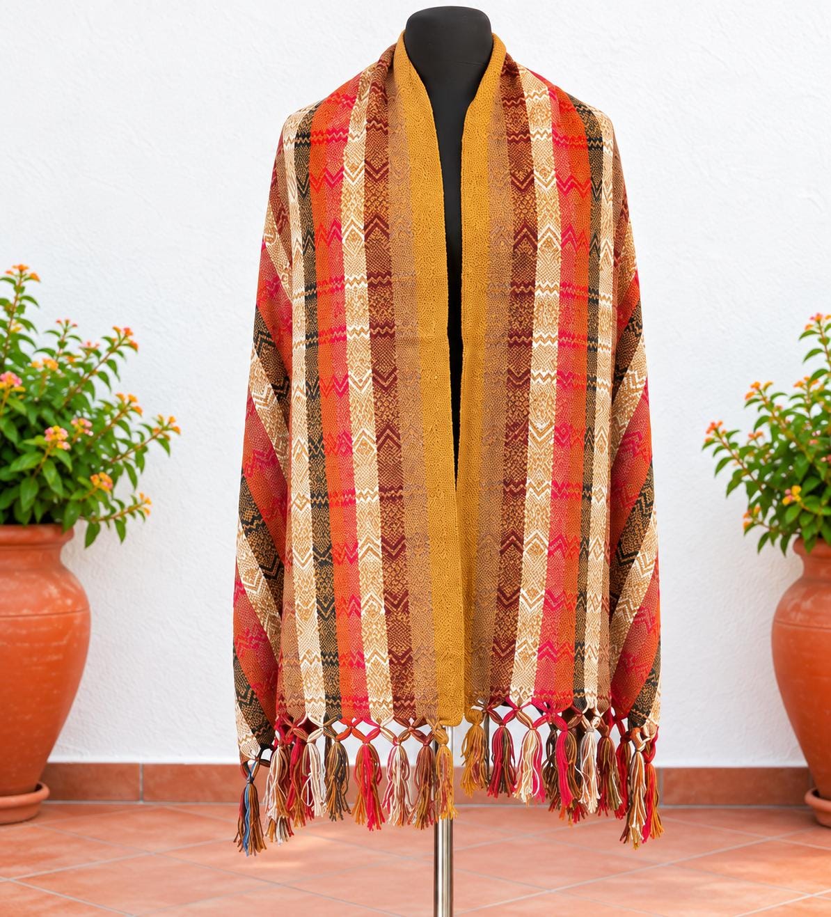 Image of Handmade Terra Cotta tones Mexican Rebozo Shawl: Artisan Cotton Blend Wrap