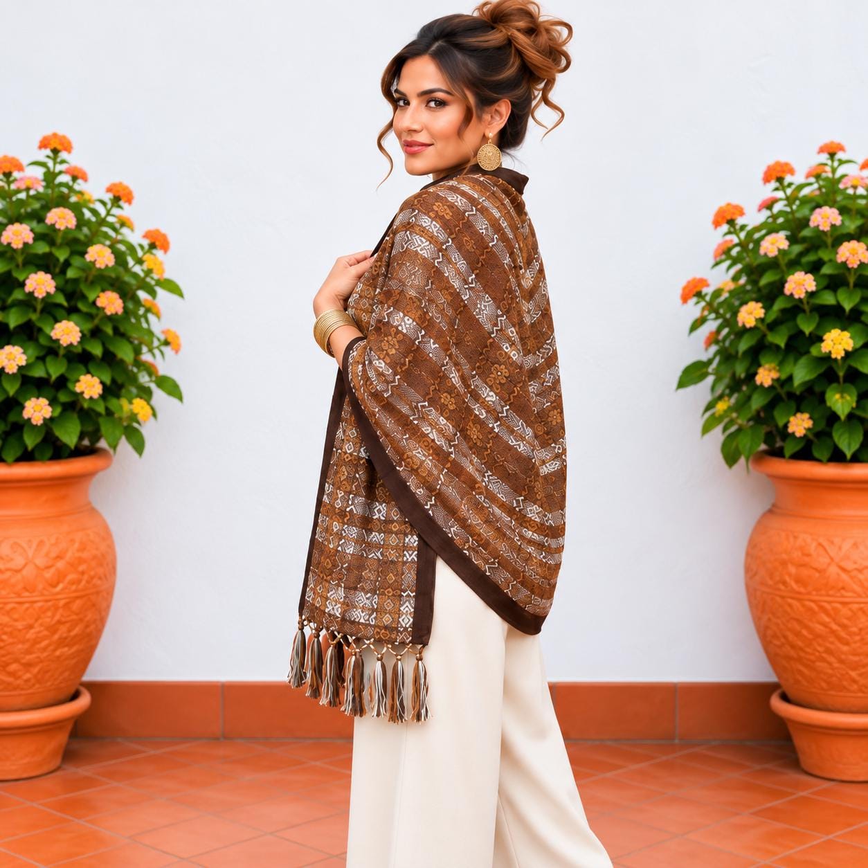 Image of Handmade Brown tones Mexican Rebozo Shawl: Artisan Cotton Blend Wrap - Fall Collection