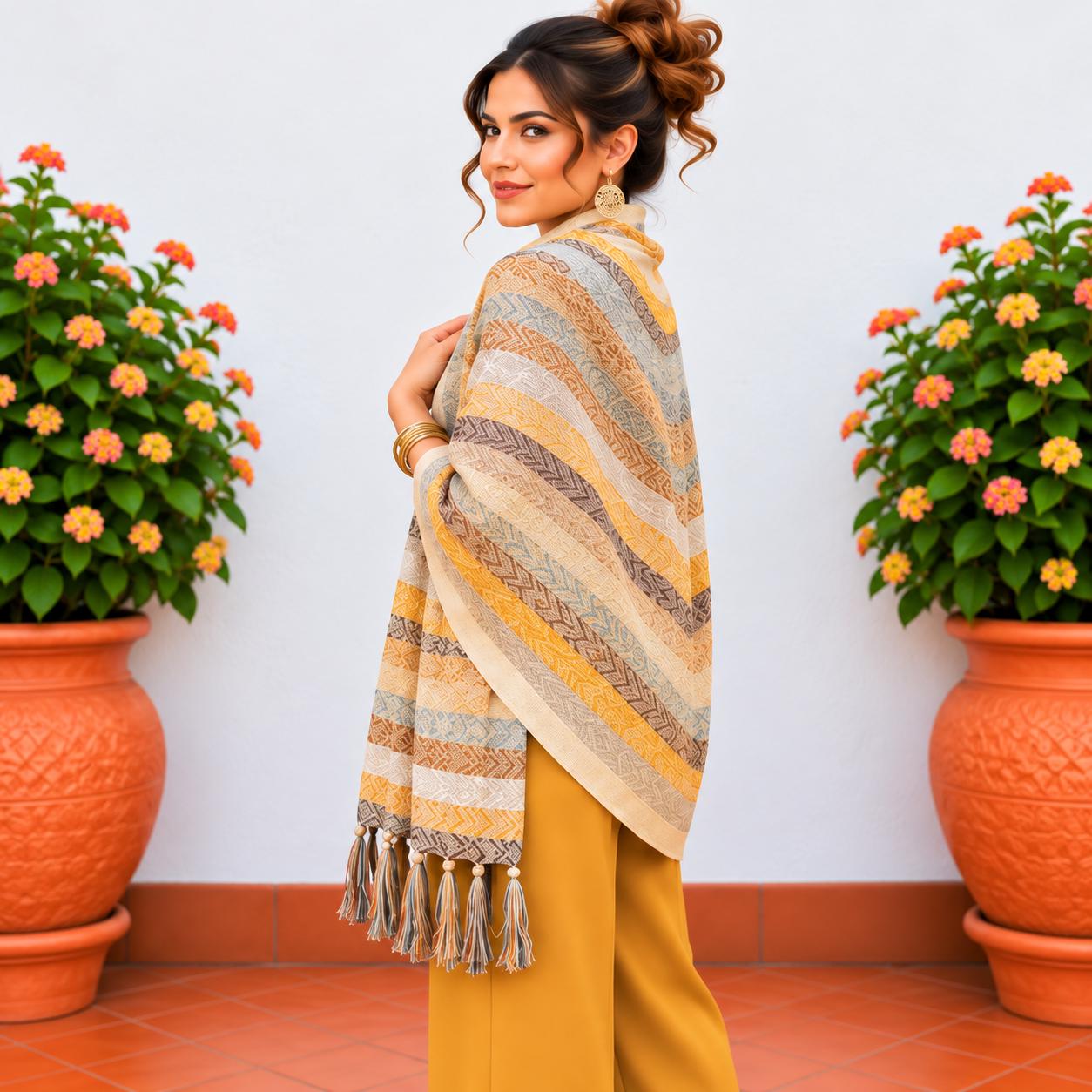 Image of Handmade Terra Cotta tones Mexican Rebozo Shawl: Artisan Cotton Blend Wrap - Fall Collection