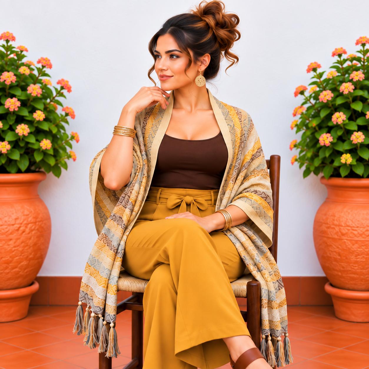 Image of Handmade Terra Cotta tones Mexican Rebozo Shawl: Artisan Cotton Blend Wrap - Fall Collection