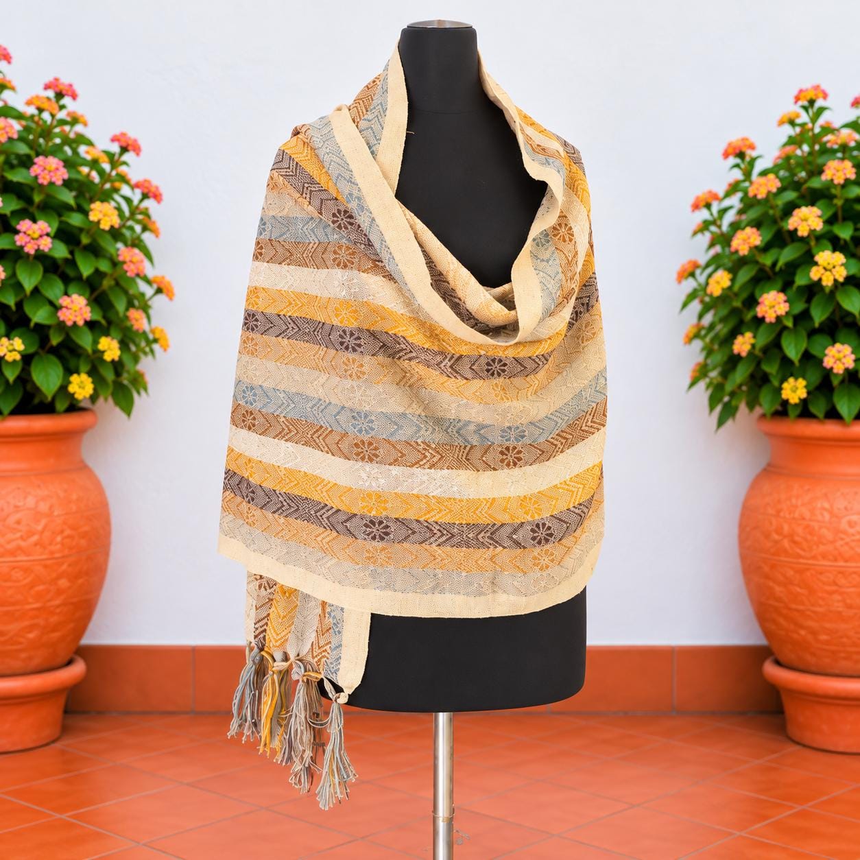 Image of Handmade Terra Cotta tones Mexican Rebozo Shawl: Artisan Cotton Blend Wrap - Fall Collection