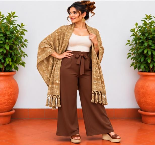 Image of Handmade Khaki tone Mexican Rebozo Shawl: Artisan Cotton Blend Wrap - Fall Collection