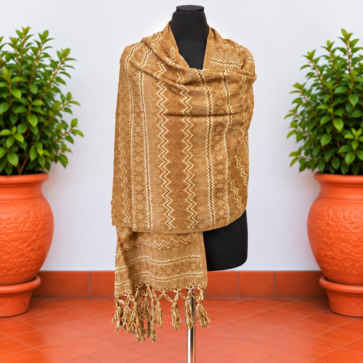 Image of Handmade Khaki tone Mexican Rebozo Shawl: Artisan Cotton Blend Wrap - Fall Collection