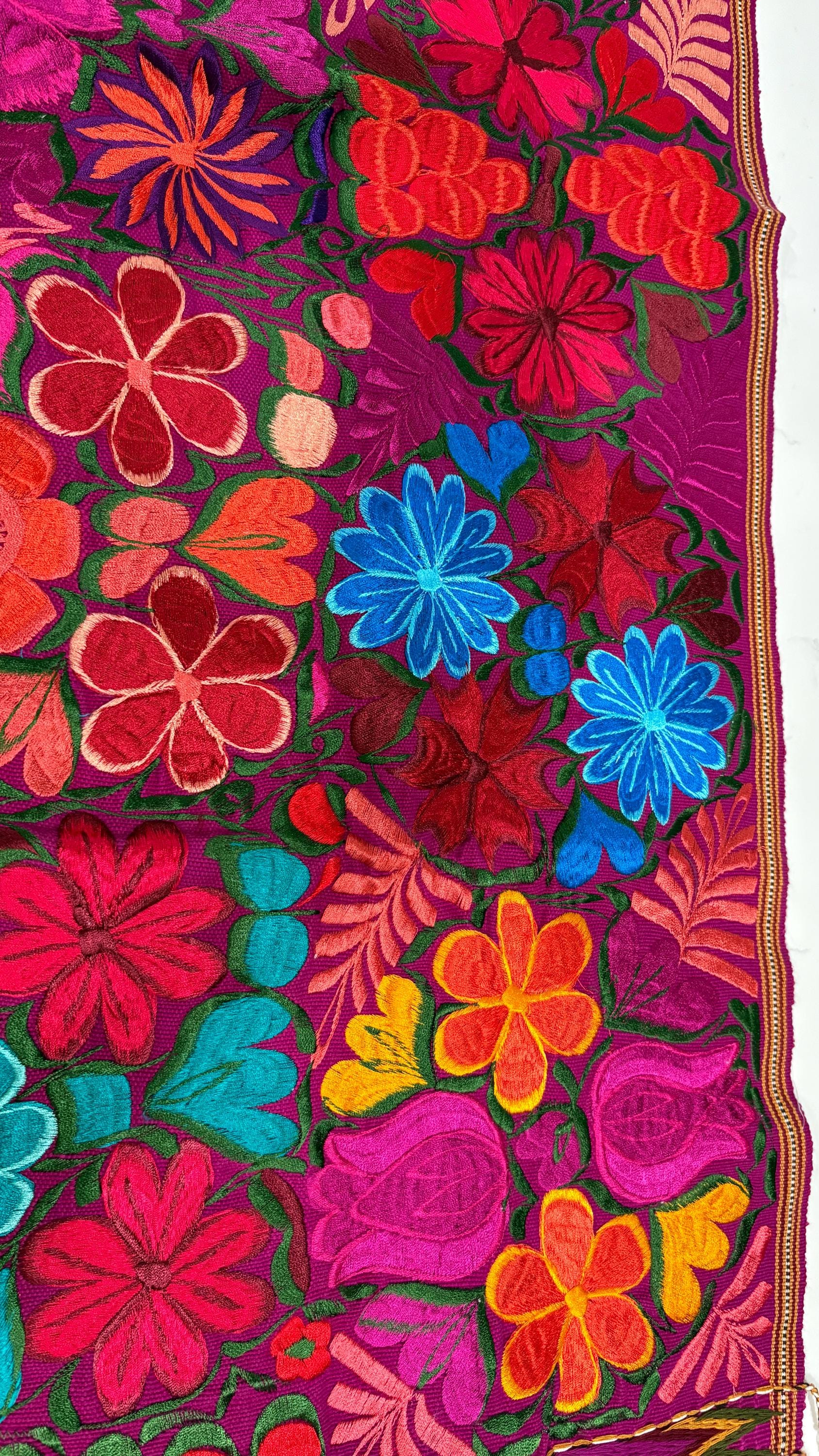 Image of Mexican Floral Embroidered Table Runner 49 Inch long, Colorful Farmhouse Table Decor, Artisan Pedal Machine Embroidery, Rustic Dining Gift
