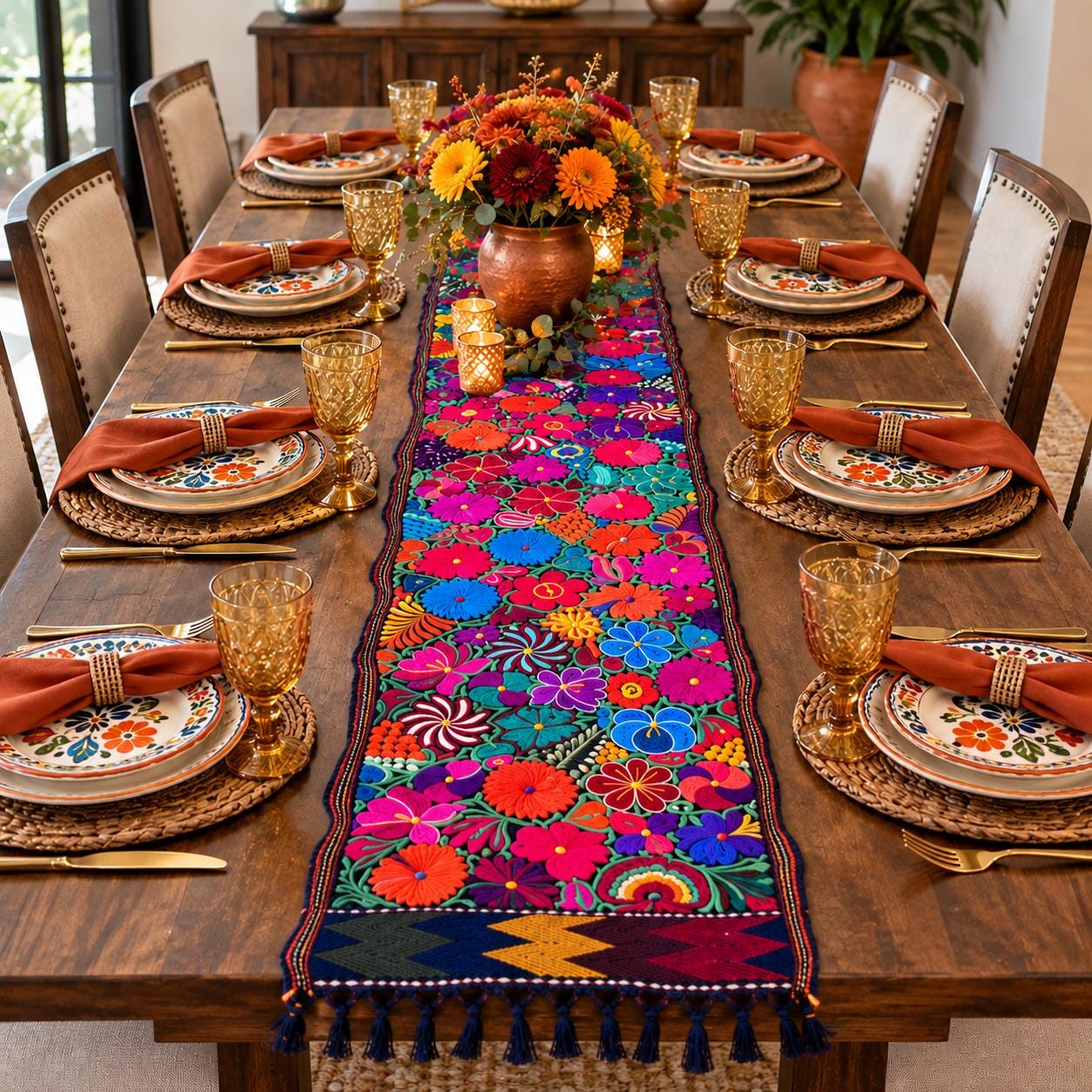Image of Mexican Floral Embroidered Table Runner 8 Ft Long, Hand Pedal Machine Embroidery, Farmhouse Table Decor, Rustic Dining, Wedding Gift, Sty A