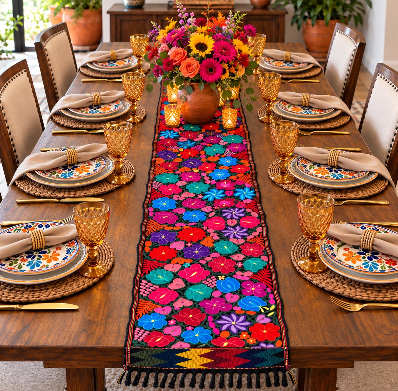 Image of Mexican Floral Embroidered Table Runner 8.92 Ft Long, Hand Pedal Machine Embroidery, Farmhouse Table Decor, Rustic Dining, Wedding Gift, B