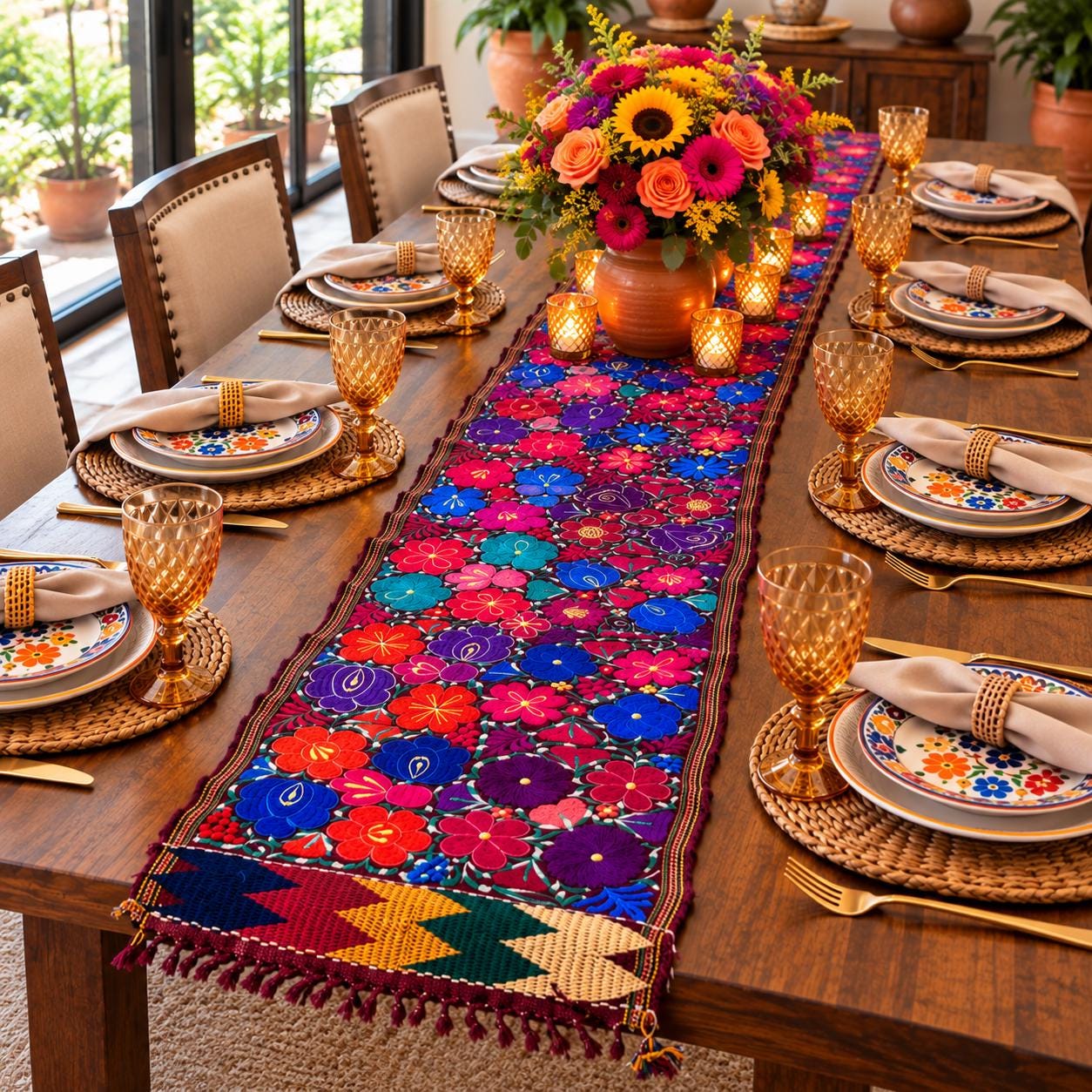 Image of Mexican Floral Embroidered Table Runner, Hand-Pedaled, Farmhouse Dining Decor (8 Ft) - C