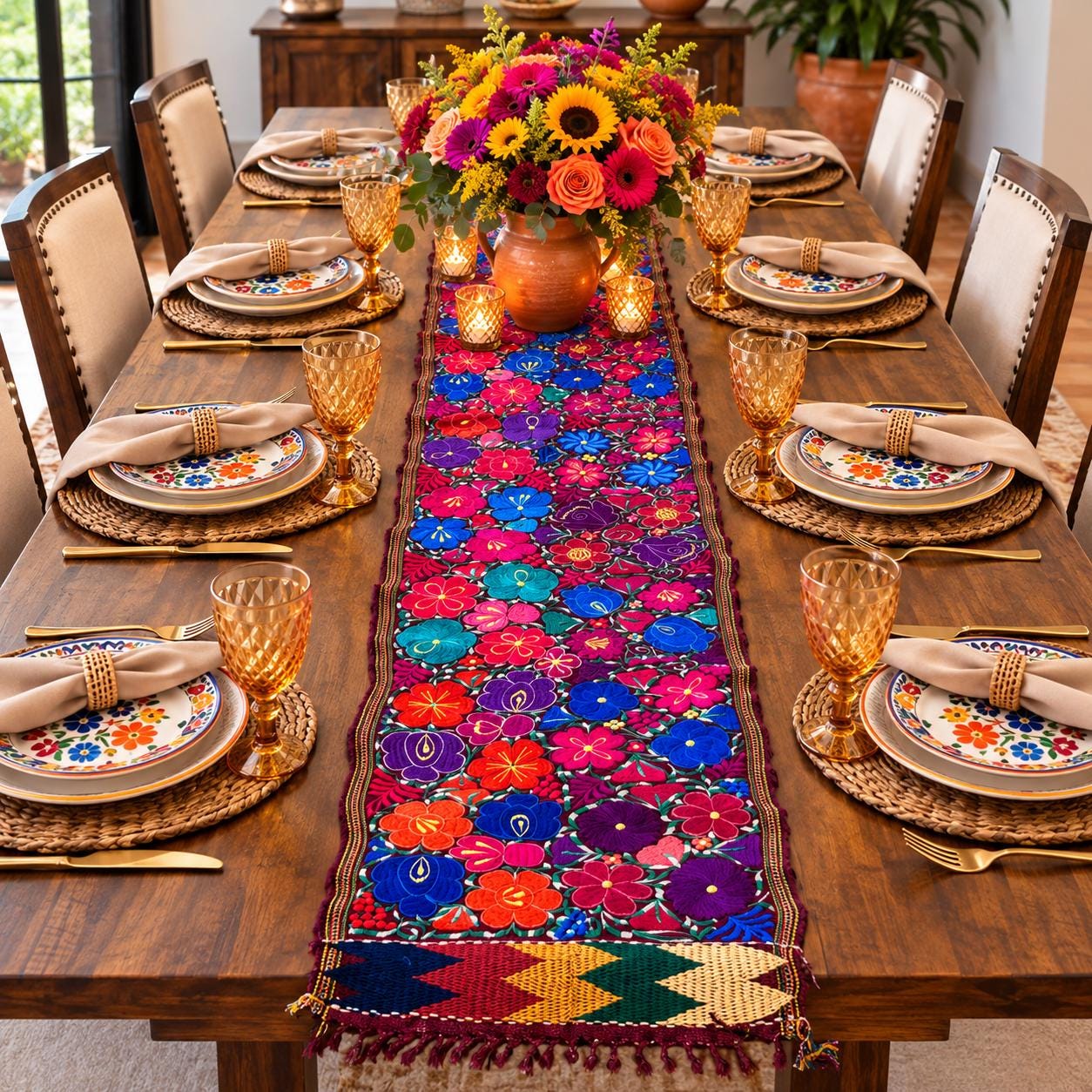 Image of Mexican Floral Embroidered Table Runner, Hand-Pedaled, Farmhouse Dining Decor (8 Ft) - C