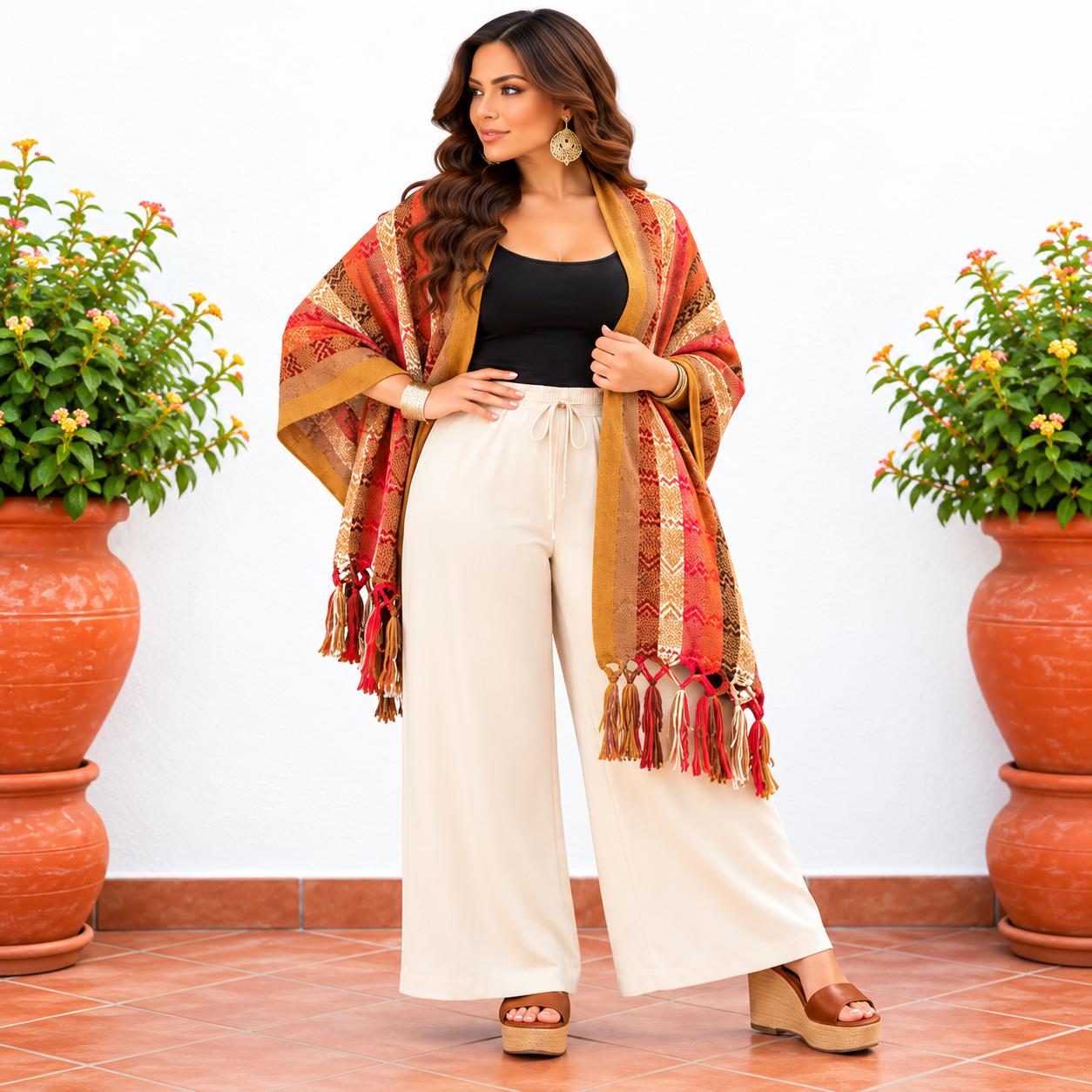 Image of Handmade Terra Cotta tones Mexican Rebozo Shawl: Artisan Cotton Blend Wrap