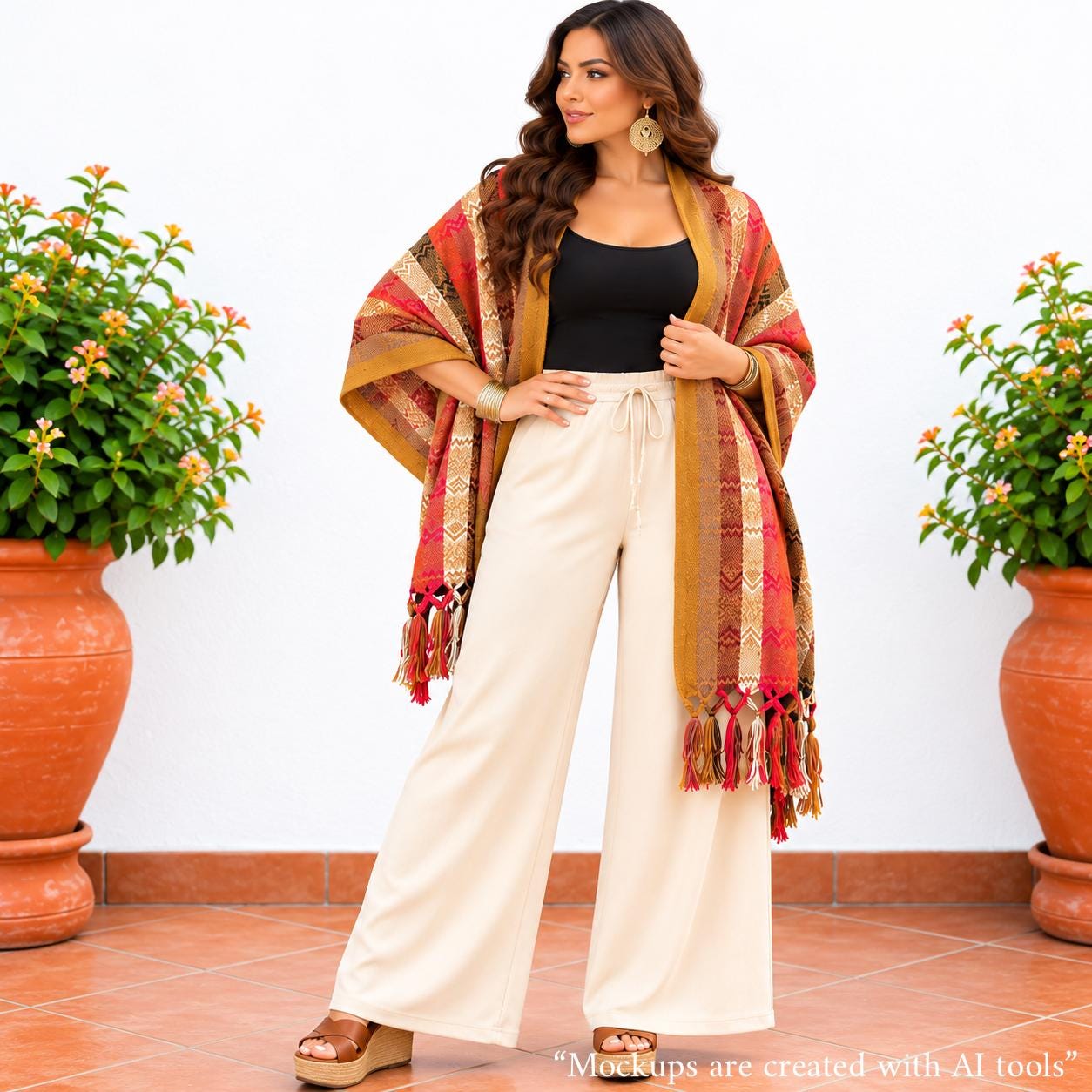 Image of Handmade Terra Cotta tones Mexican Rebozo Shawl: Artisan Cotton Blend Wrap