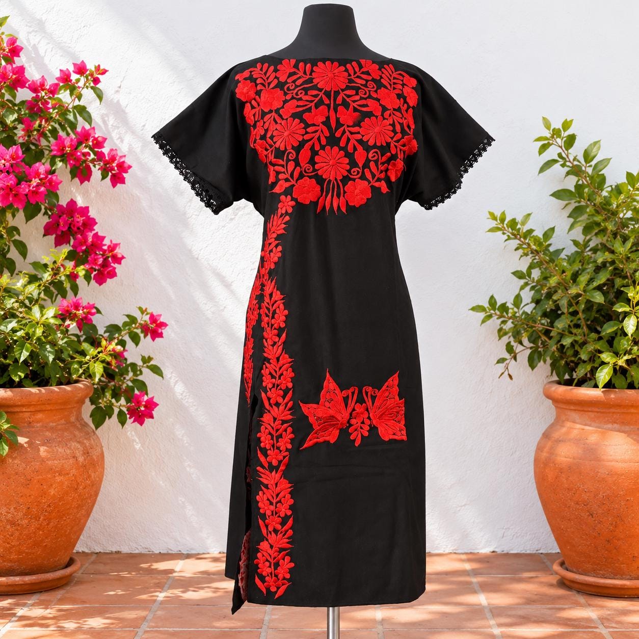 Image of Black Maya-Butterflies Mexican Embroidered Dress – Artisanal Floral Folklorico Style-Large size