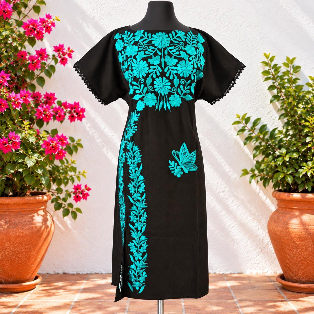 Image of Black Maya-Butterfly Mexican Embroidered Dress – Artisanal Floral Folklorico Style-Large size