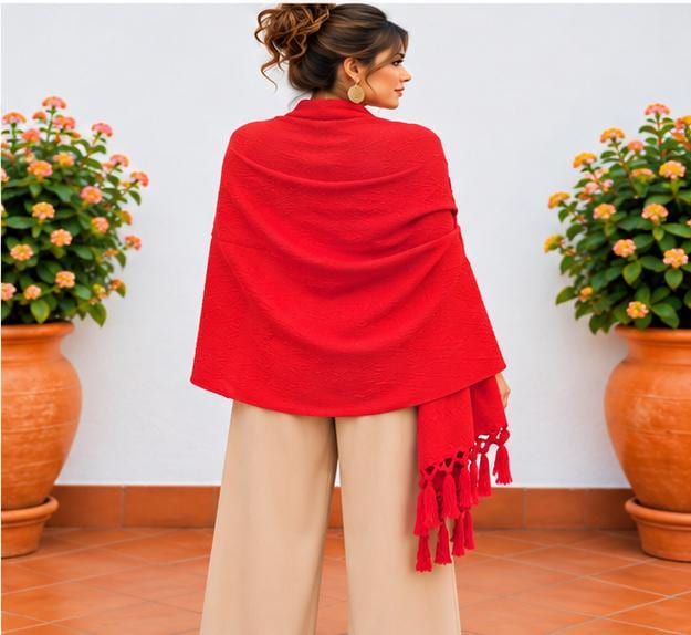 Image of Handmade Red Mexican Rebozo Shawl: Artisan Cotton Blend Wrap