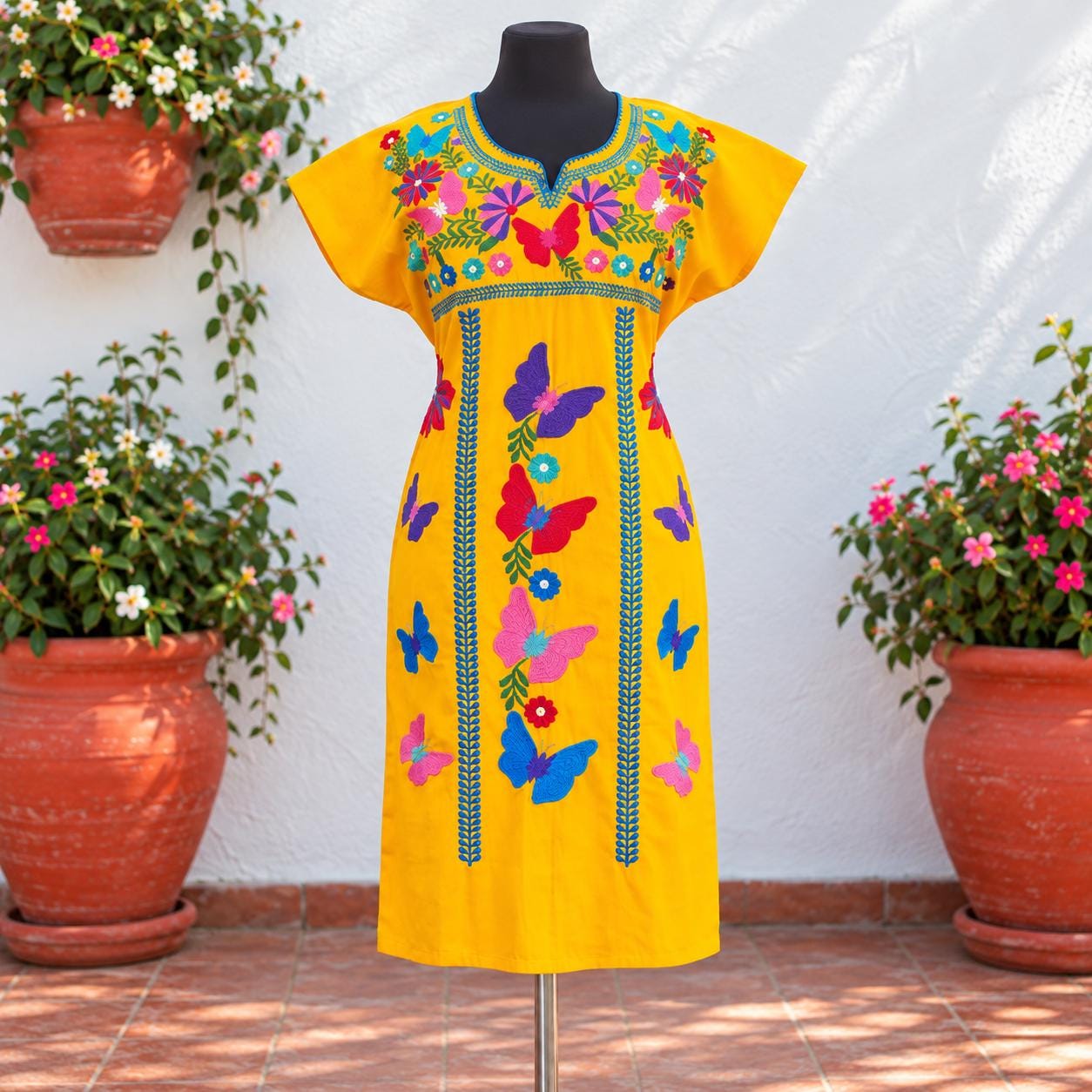 Image of Yellow Mariposa Embroidered Dress, Colorful Butterfly Fiesta Style, Knee-Length Boho Dress