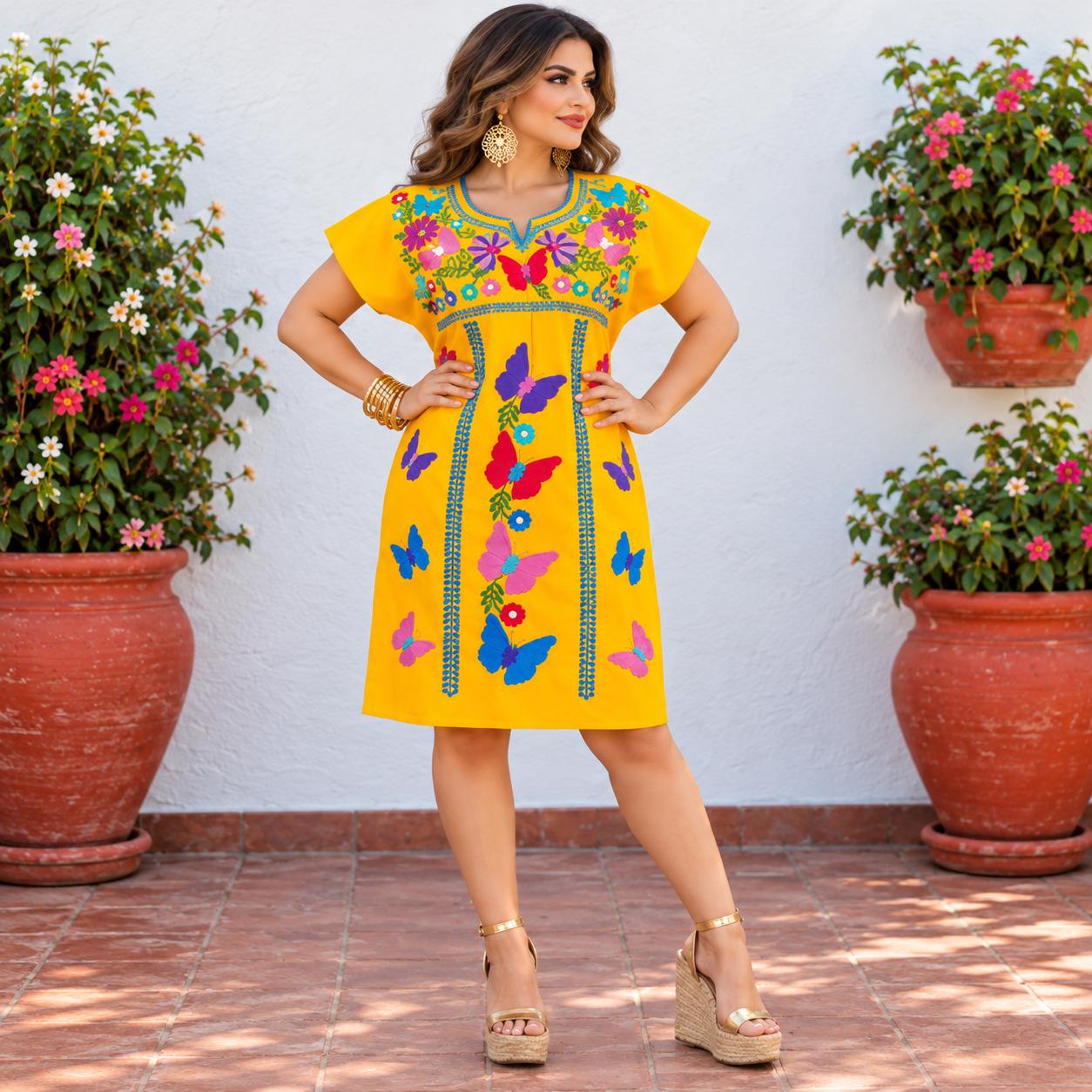 Image of Yellow Mariposa Embroidered Dress, Colorful Butterfly Fiesta Style, Knee-Length Boho Dress