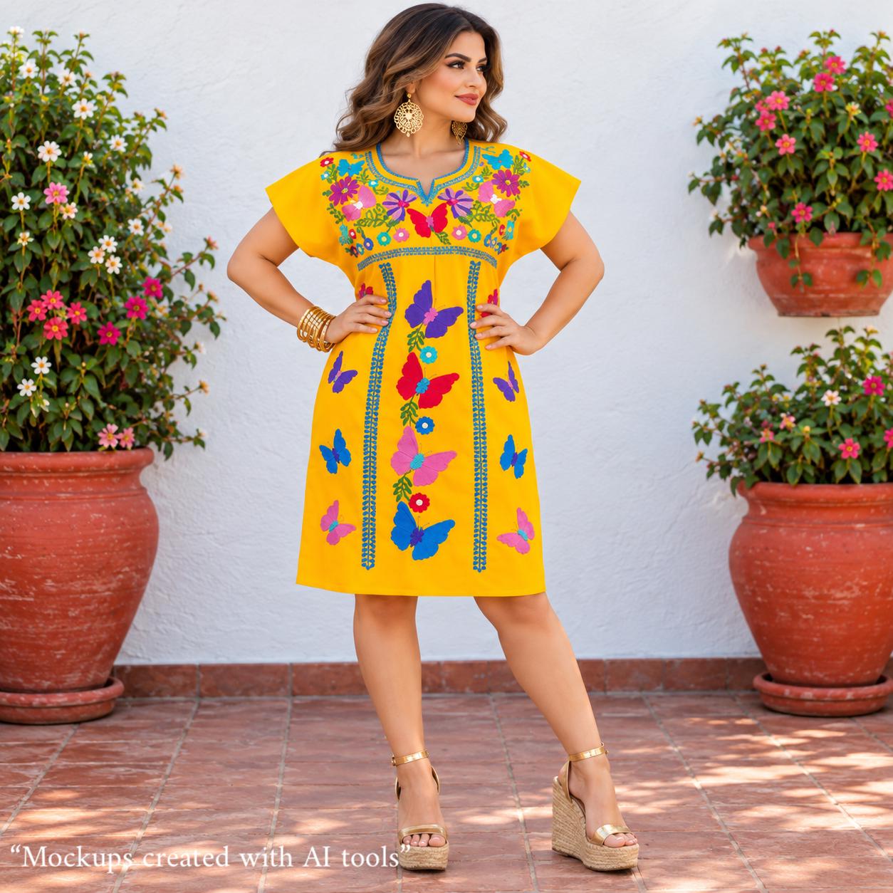 Image of Yellow Mariposa Embroidered Dress, Colorful Butterfly Fiesta Style, Knee-Length Boho Dress