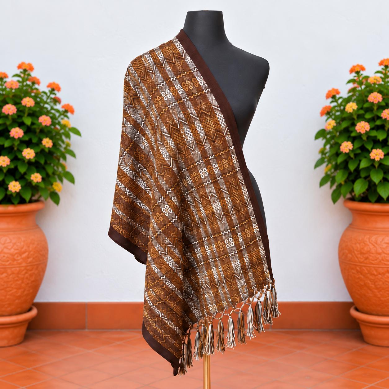 Image of Handmade Brown tones Mexican Rebozo Shawl: Artisan Cotton Blend Wrap - Fall Collection