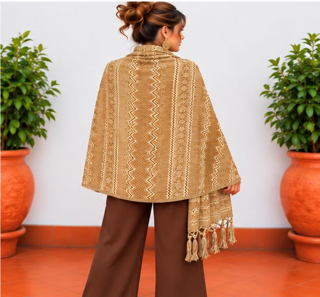 Image of Handmade Khaki tone Mexican Rebozo Shawl: Artisan Cotton Blend Wrap - Fall Collection
