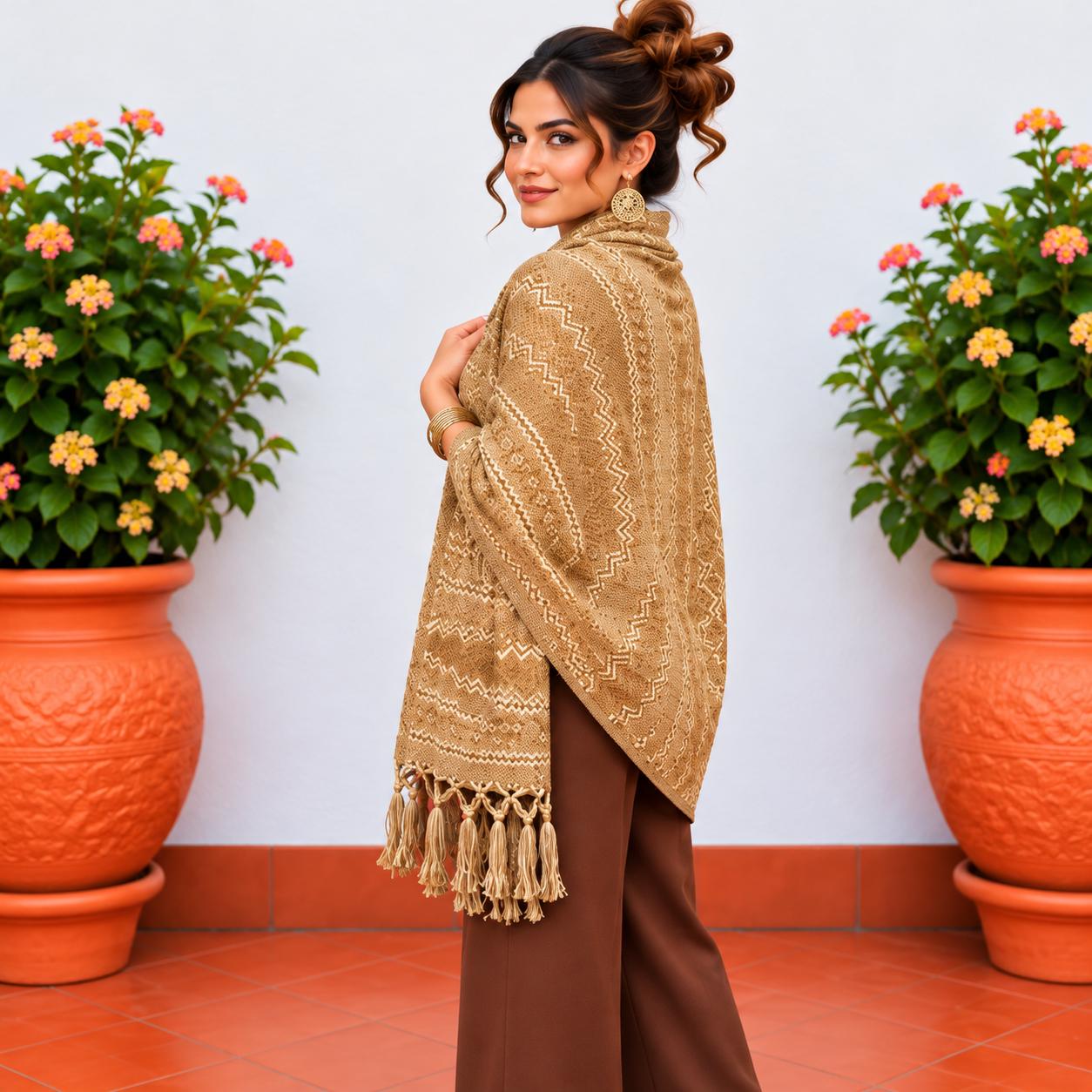 Image of Handmade Khaki tone Mexican Rebozo Shawl: Artisan Cotton Blend Wrap - Fall Collection