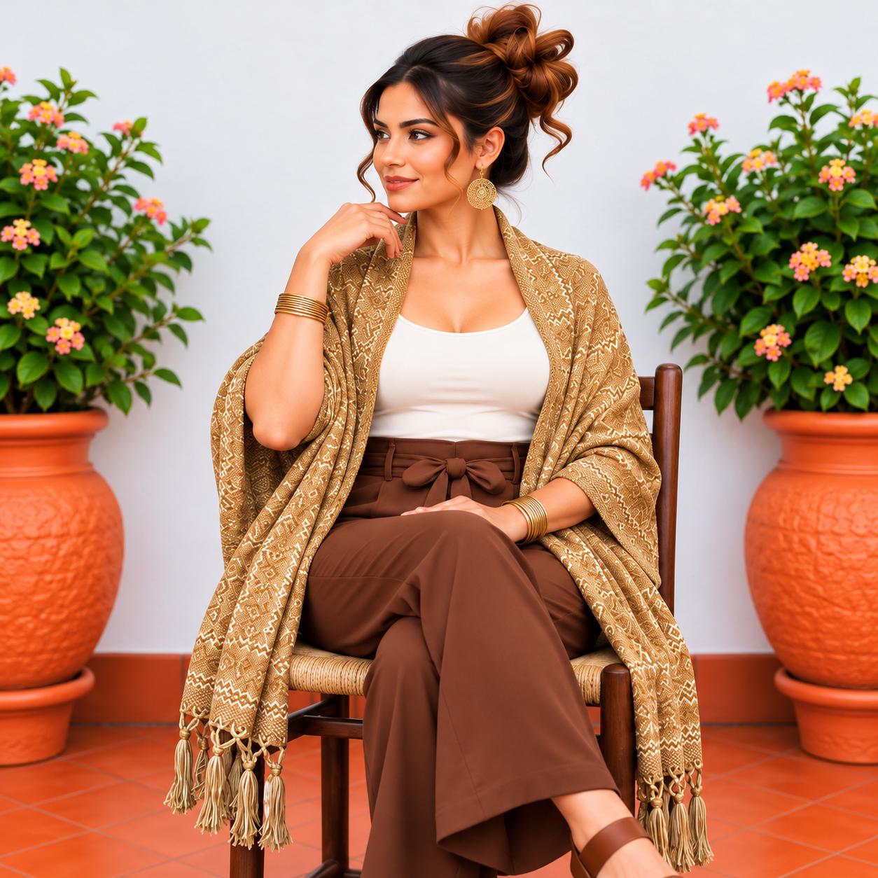 Image of Handmade Khaki tone Mexican Rebozo Shawl: Artisan Cotton Blend Wrap - Fall Collection