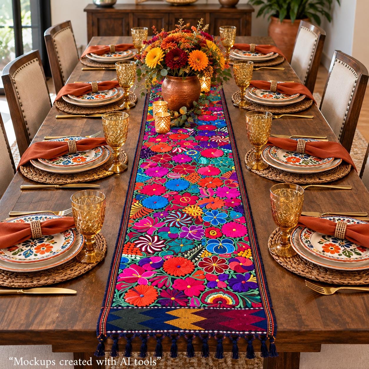 Image of Mexican Floral Embroidered Table Runner 8 Ft Long, Hand Pedal Machine Embroidery, Farmhouse Table Decor, Rustic Dining, Wedding Gift, Sty A