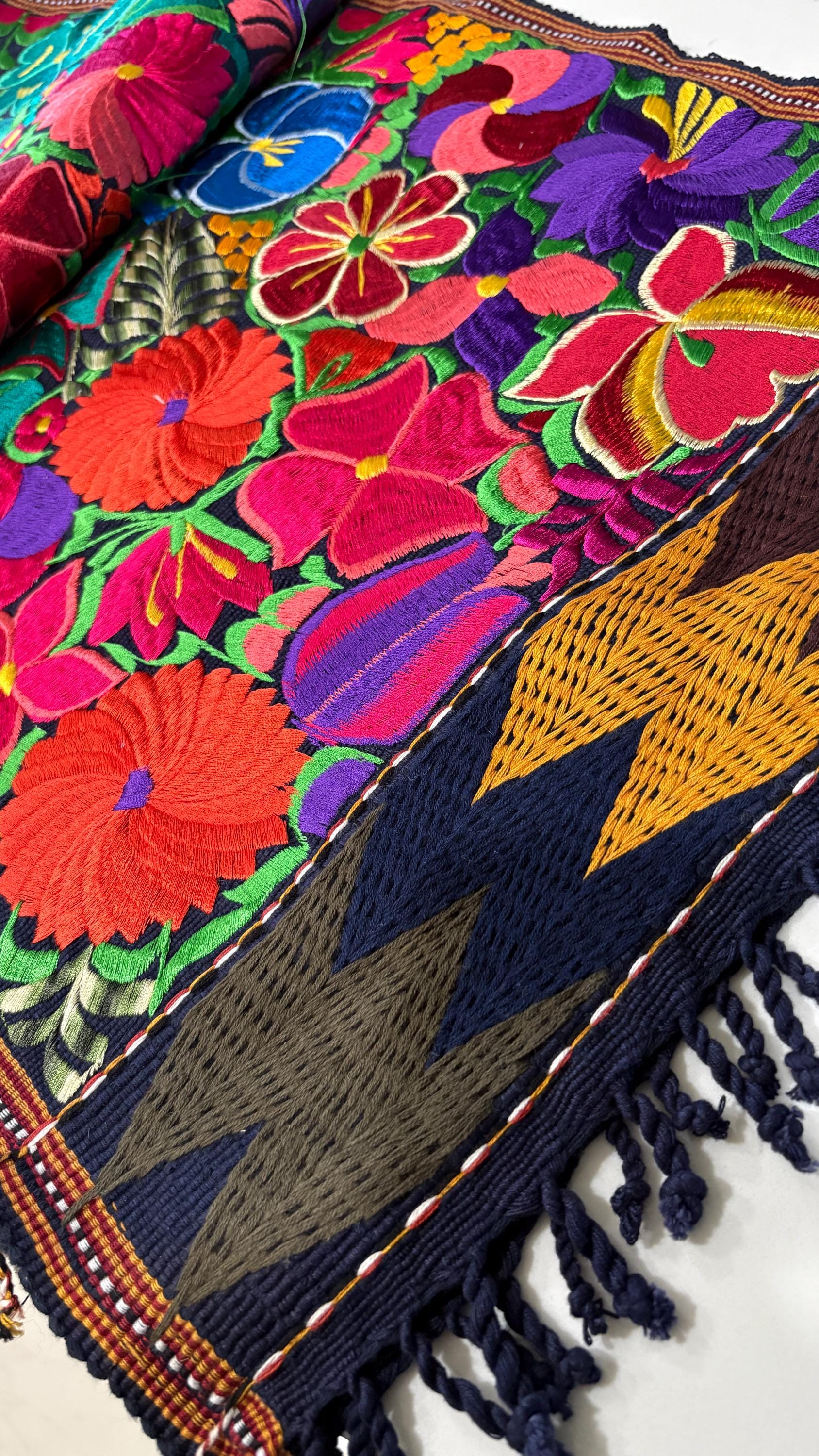 Image of Mexican Floral Embroidered Table Runner 8 Ft Long, Hand Pedal Machine Embroidery, Farmhouse Table Decor, Rustic Dining, Wedding Gift, Sty A