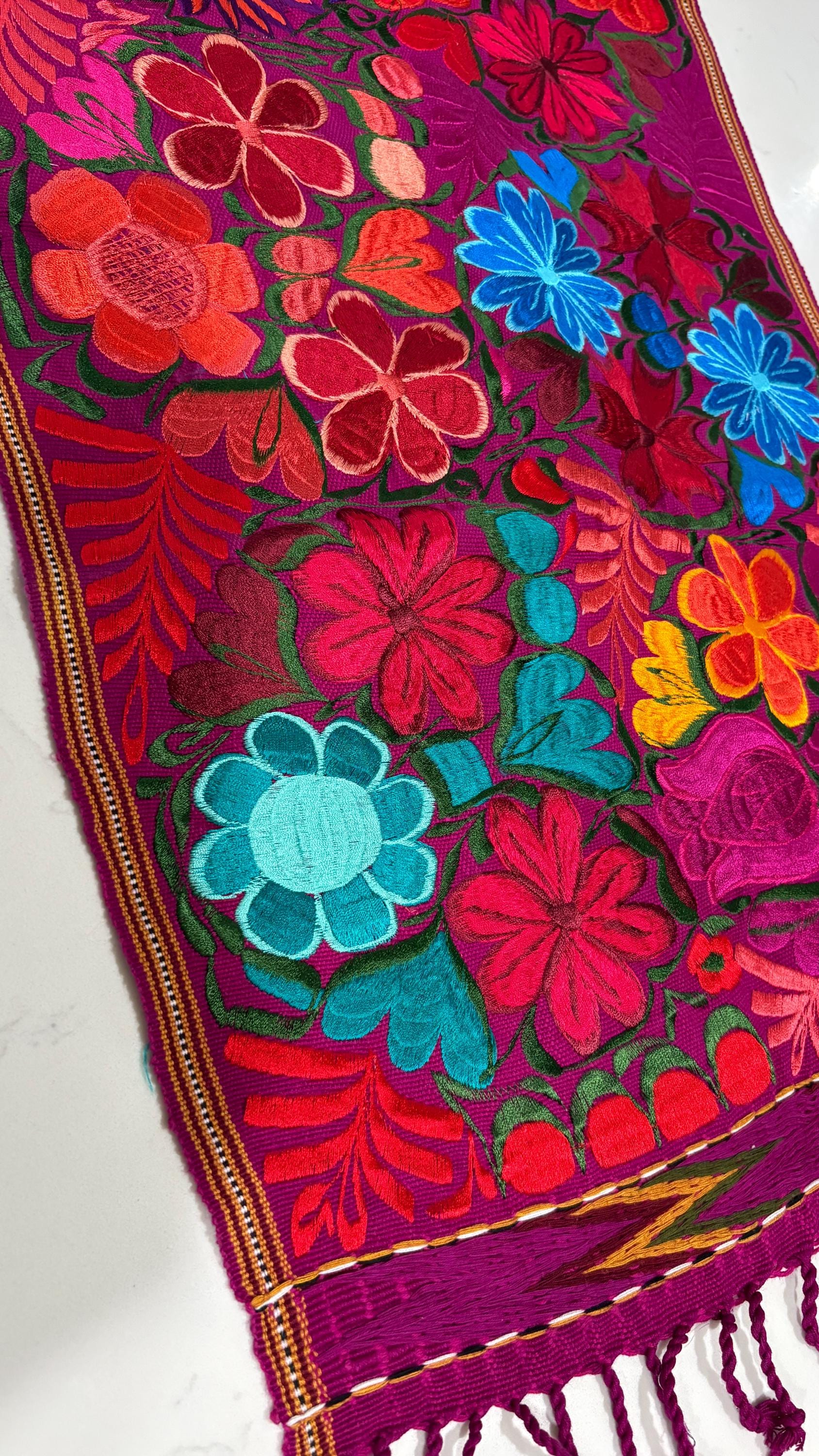Image of Mexican Floral Embroidered Table Runner 49 Inch long, Colorful Farmhouse Table Decor, Artisan Pedal Machine Embroidery, Rustic Dining Gift