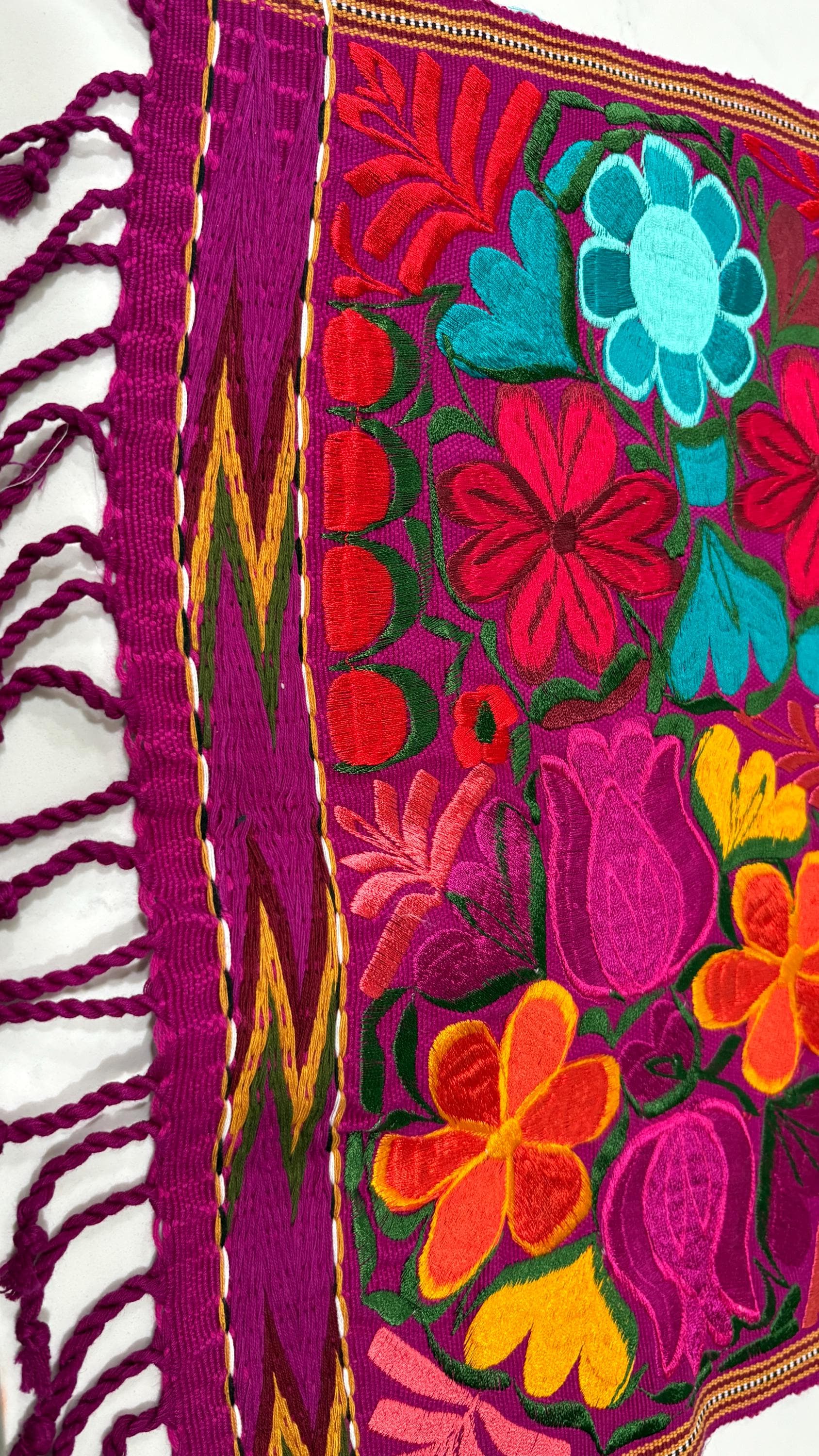 Image of Mexican Floral Embroidered Table Runner 49 Inch long, Colorful Farmhouse Table Decor, Artisan Pedal Machine Embroidery, Rustic Dining Gift