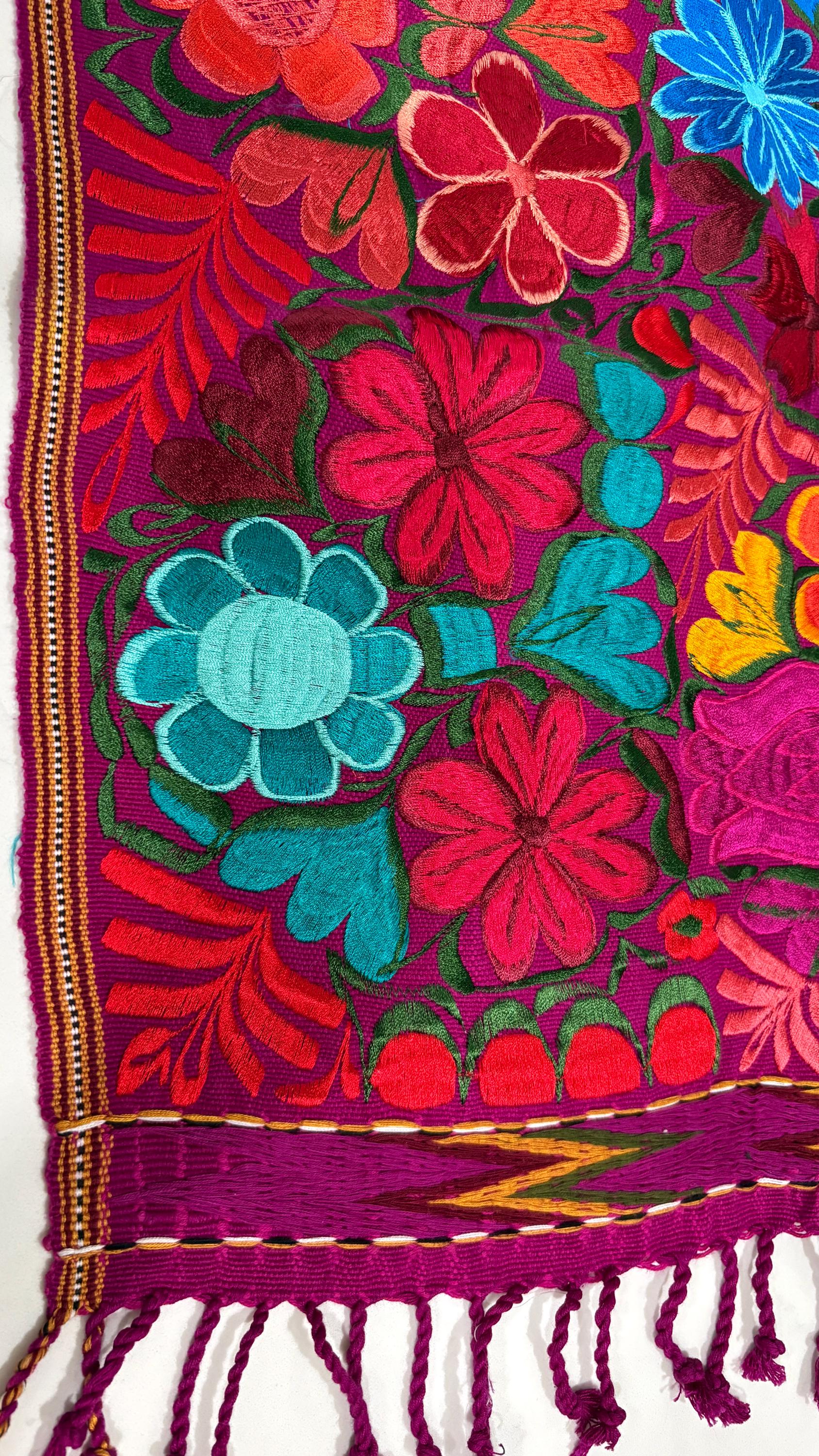 Image of Mexican Floral Embroidered Table Runner 49 Inch long, Colorful Farmhouse Table Decor, Artisan Pedal Machine Embroidery, Rustic Dining Gift