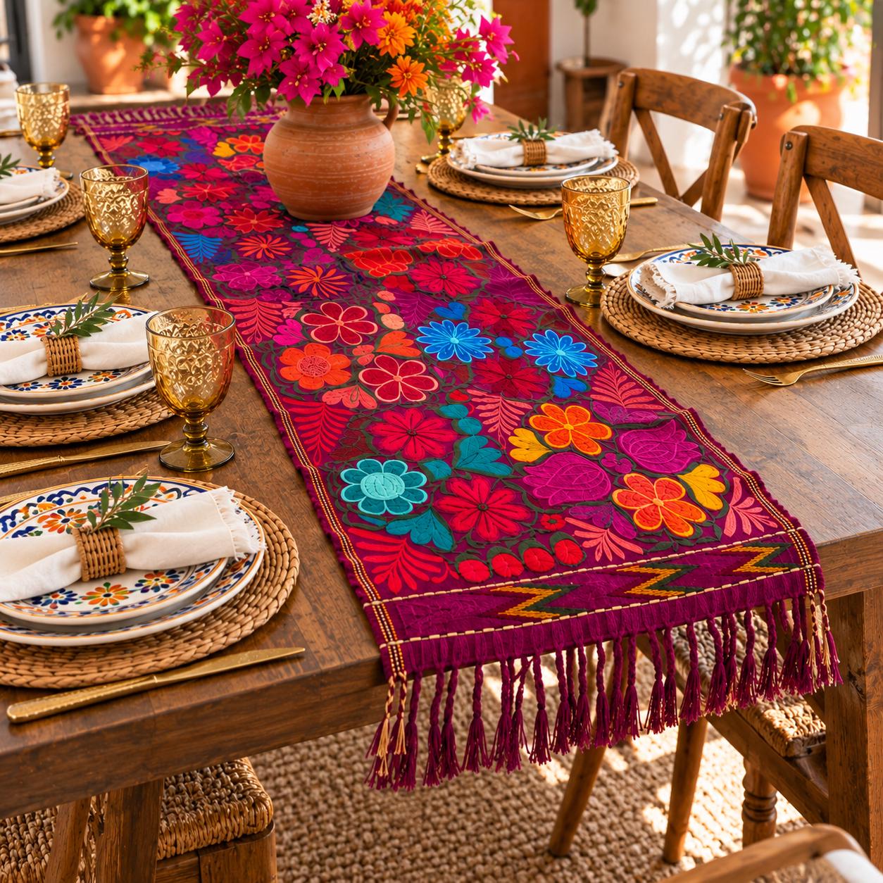 Image of Mexican Floral Embroidered Table Runner 49 Inch long, Colorful Farmhouse Table Decor, Artisan Pedal Machine Embroidery, Rustic Dining Gift
