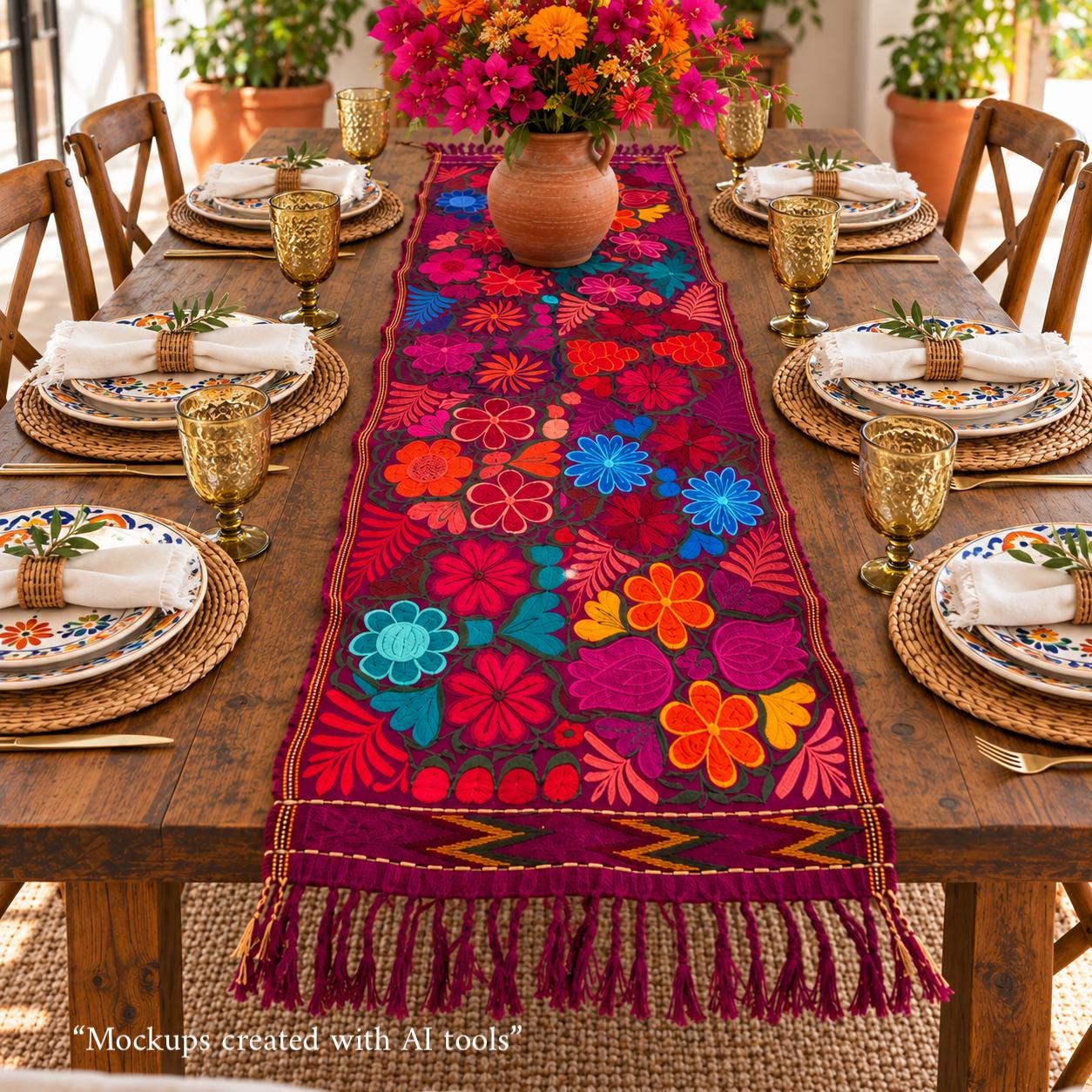 Image of Mexican Floral Embroidered Table Runner 49 Inch long, Colorful Farmhouse Table Decor, Artisan Pedal Machine Embroidery, Rustic Dining Gift