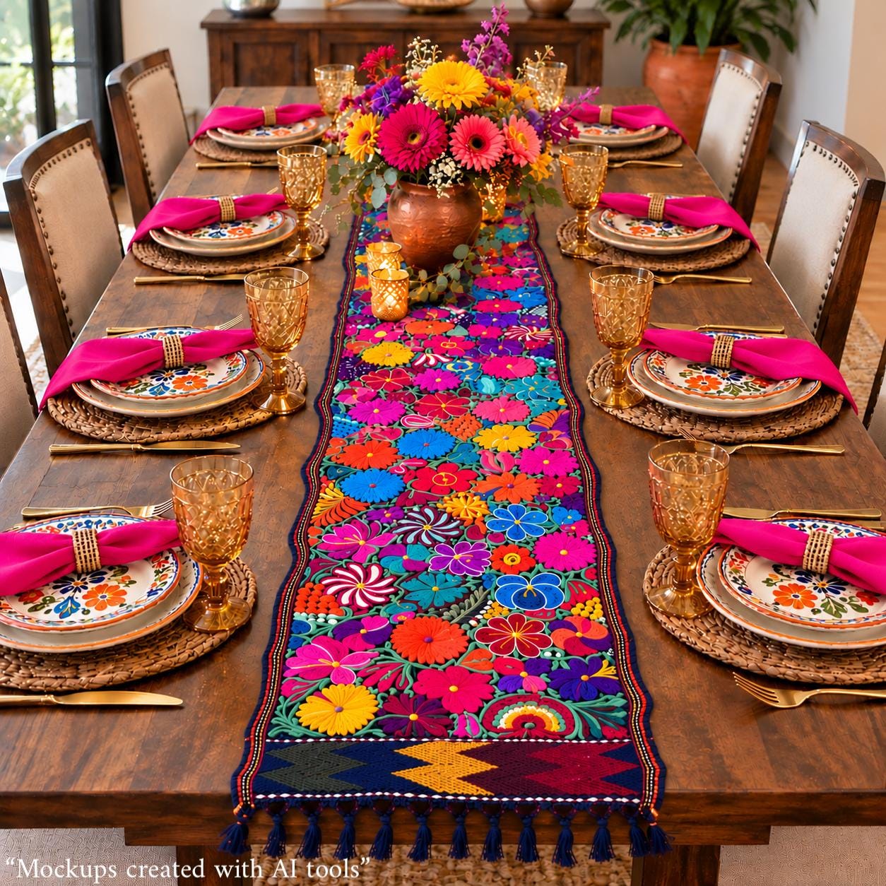Image of Mexican Floral Embroidered Table Runner 8 Ft Long, Hand Pedal Machine Embroidery, Farmhouse Table Decor, Rustic Dining, Wedding Gift, Sty A