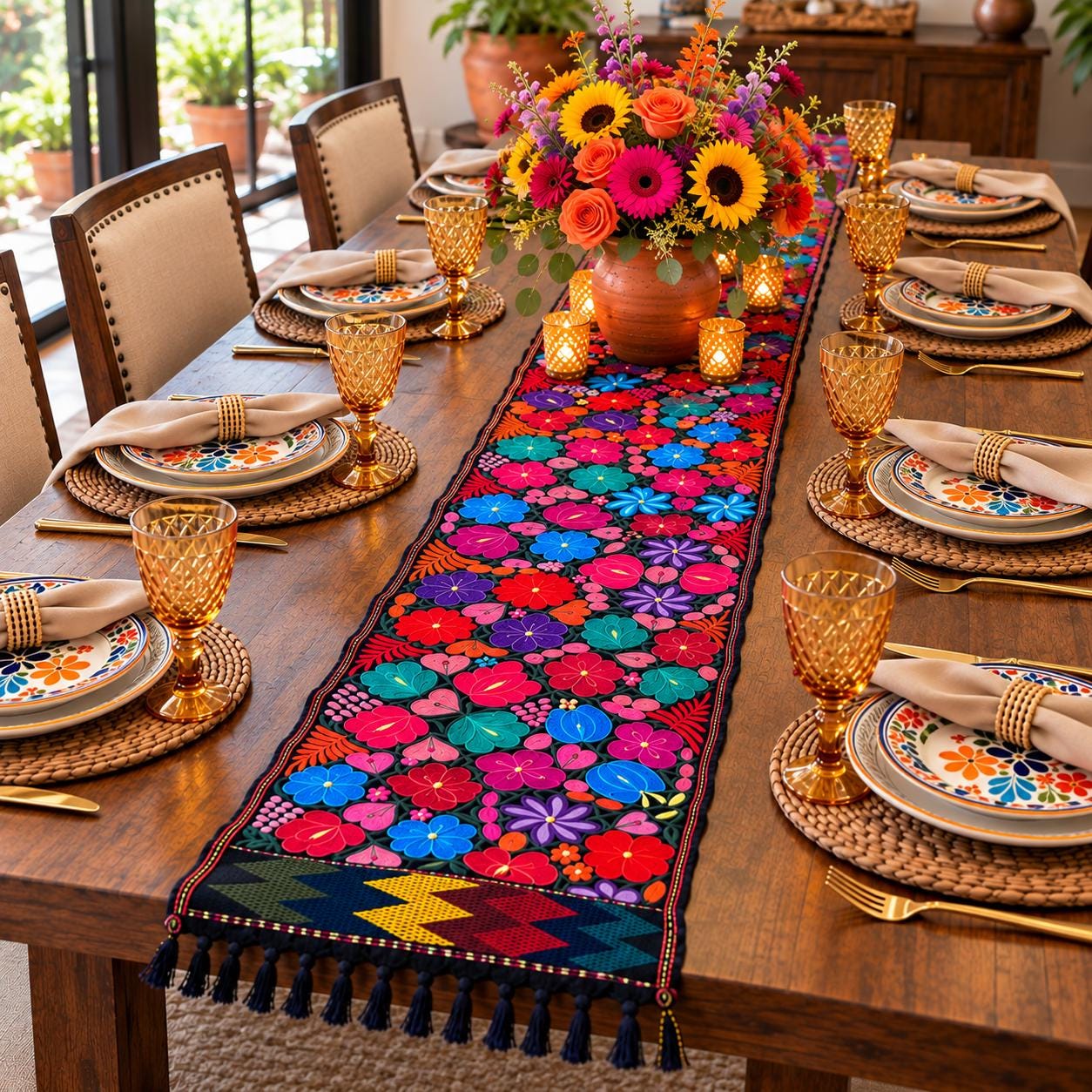 Image of Mexican Floral Embroidered Table Runner 8.92 Ft Long, Hand Pedal Machine Embroidery, Farmhouse Table Decor, Rustic Dining, Wedding Gift, B
