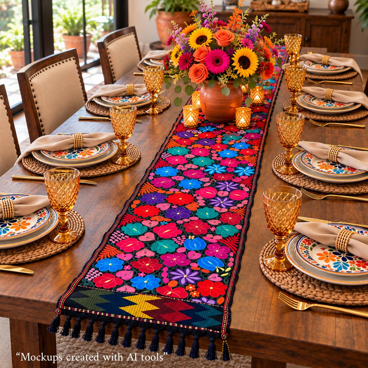Image of Mexican Floral Embroidered Table Runner 8.92 Ft Long, Hand Pedal Machine Embroidery, Farmhouse Table Decor, Rustic Dining, Wedding Gift, B