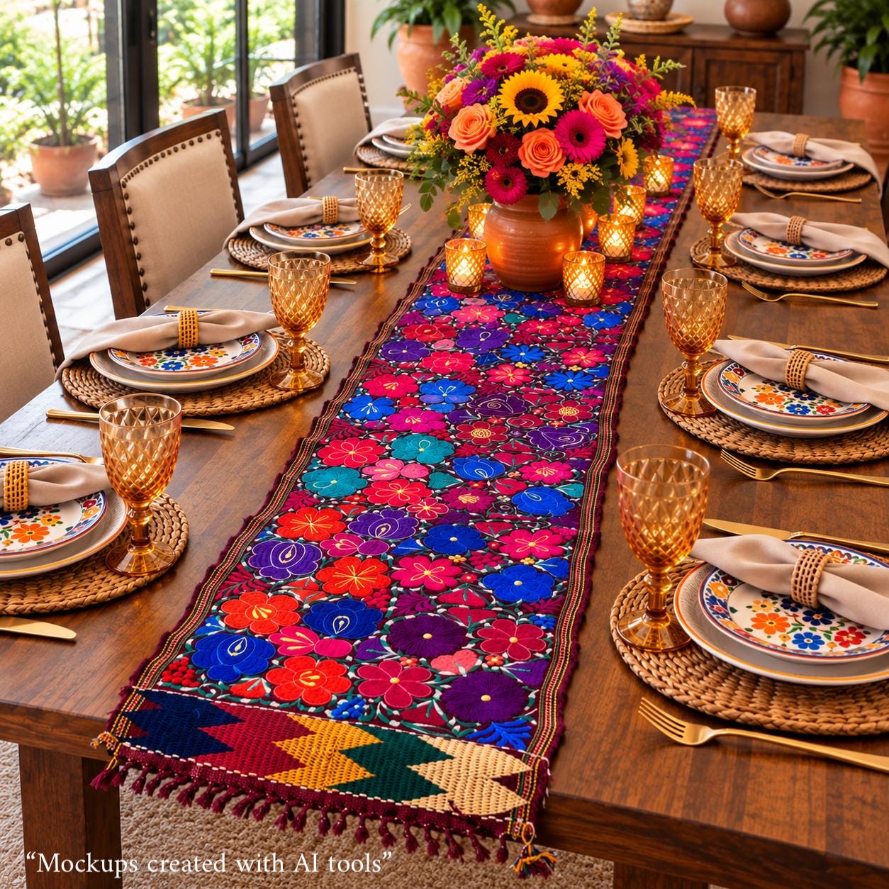 Image of Mexican Floral Embroidered Table Runner, Hand-Pedaled, Farmhouse Dining Decor (8 Ft) - C