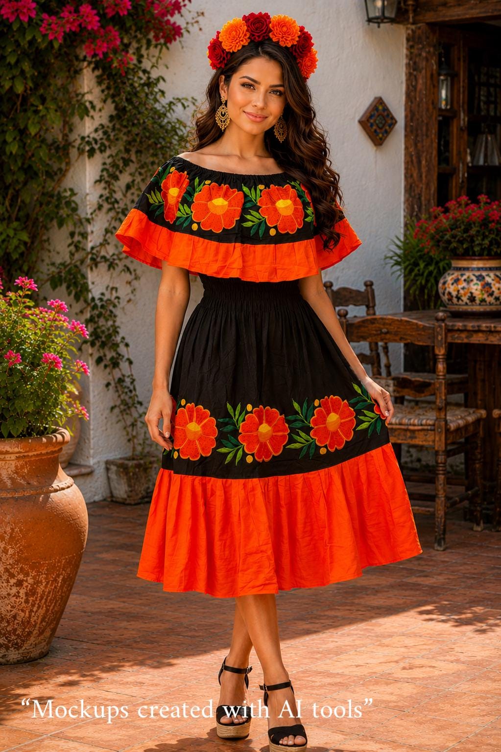 Image of Authentic Mexican Embroidered Dress | Black Orange Floral Folk Art Fiesta Wear