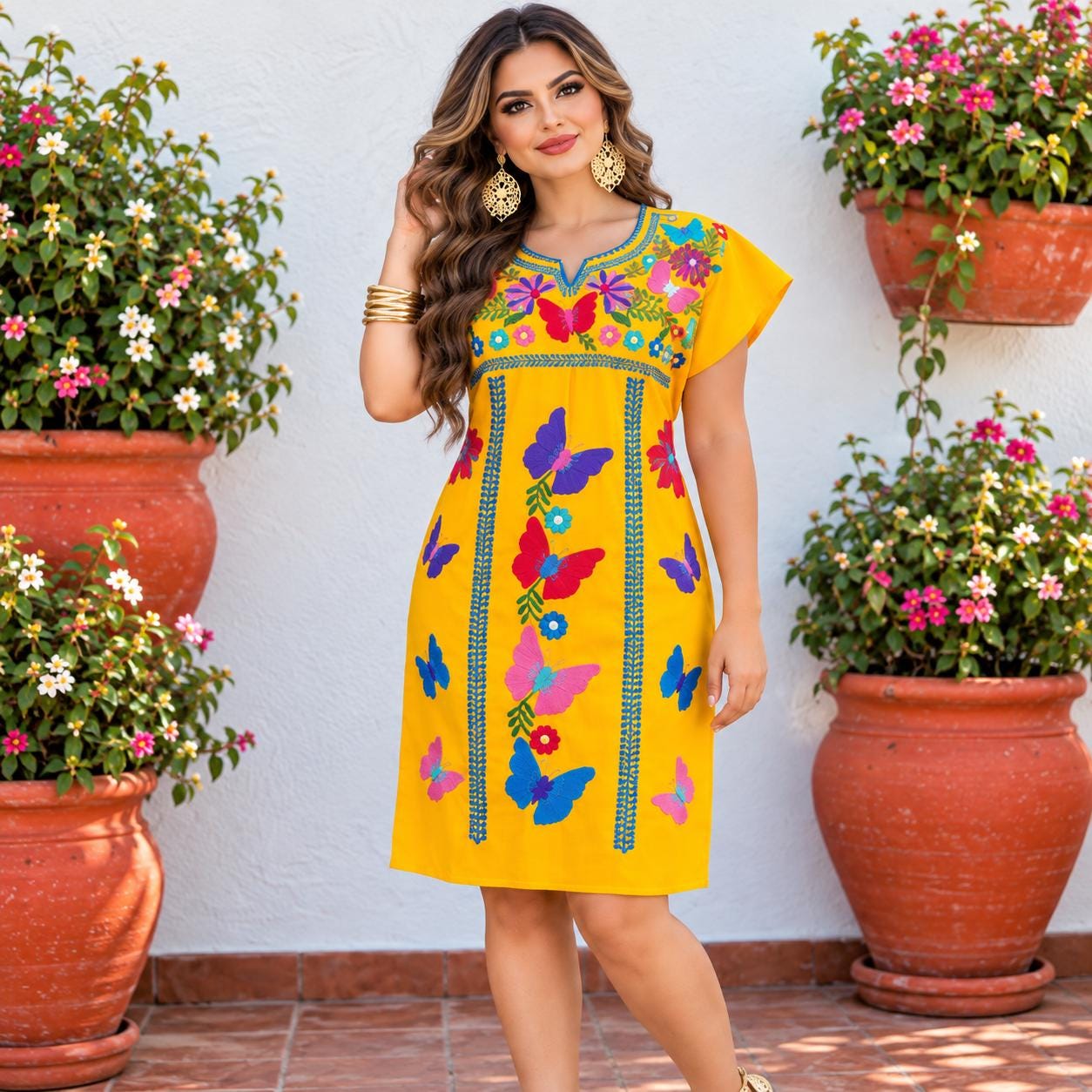 Image of Yellow Mariposa Embroidered Dress, Colorful Butterfly Fiesta Style, Knee-Length Boho Dress