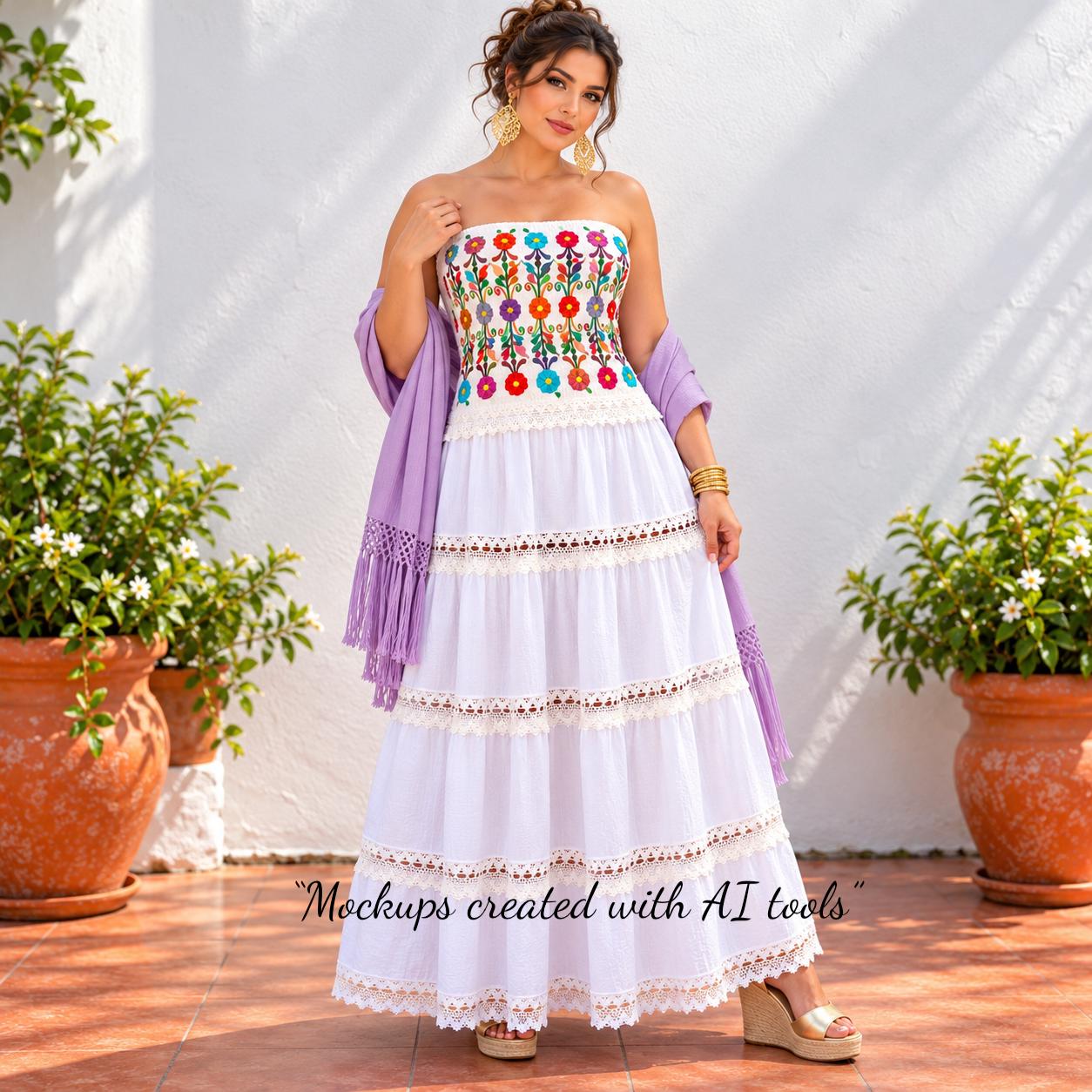 Image of Medium, White Maxi Dress Strapless Wedding Guest Beach Boho Bride Mexican Embroidered Bodice Floral Tiered Skirt Lace Muslin Summer Festival
