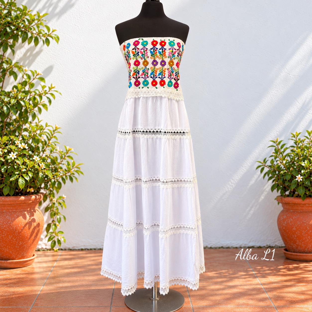 Image of Medium, White Maxi Dress Strapless Wedding Guest Beach Boho Bride Mexican Embroidered Bodice Floral Tiered Skirt Lace Muslin Summer Festival