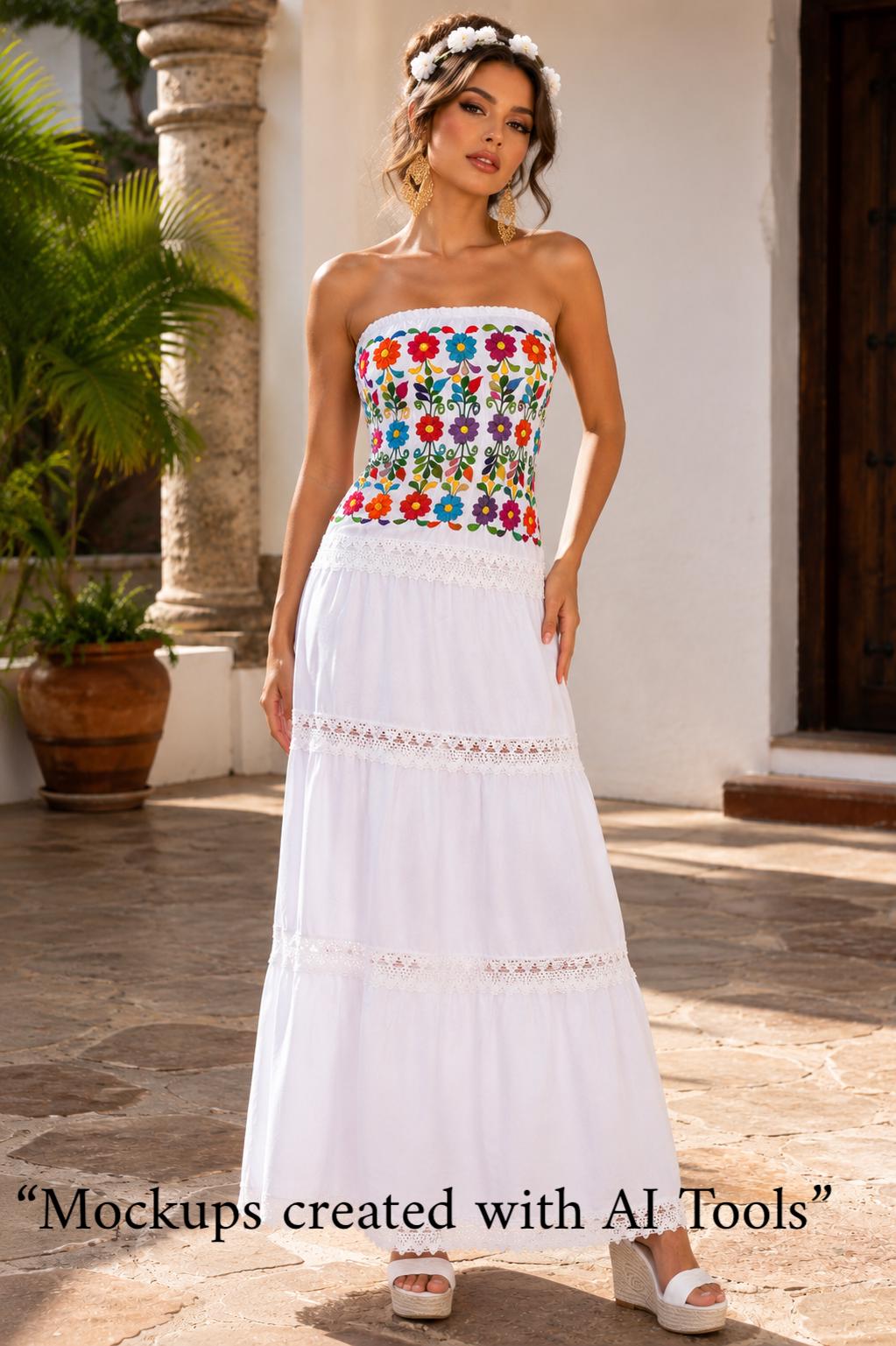 Image of Medium, White Maxi Dress Strapless Wedding Guest Beach Boho Bride Mexican Embroidered Bodice Floral Tiered Skirt Lace Muslin Summer Festival
