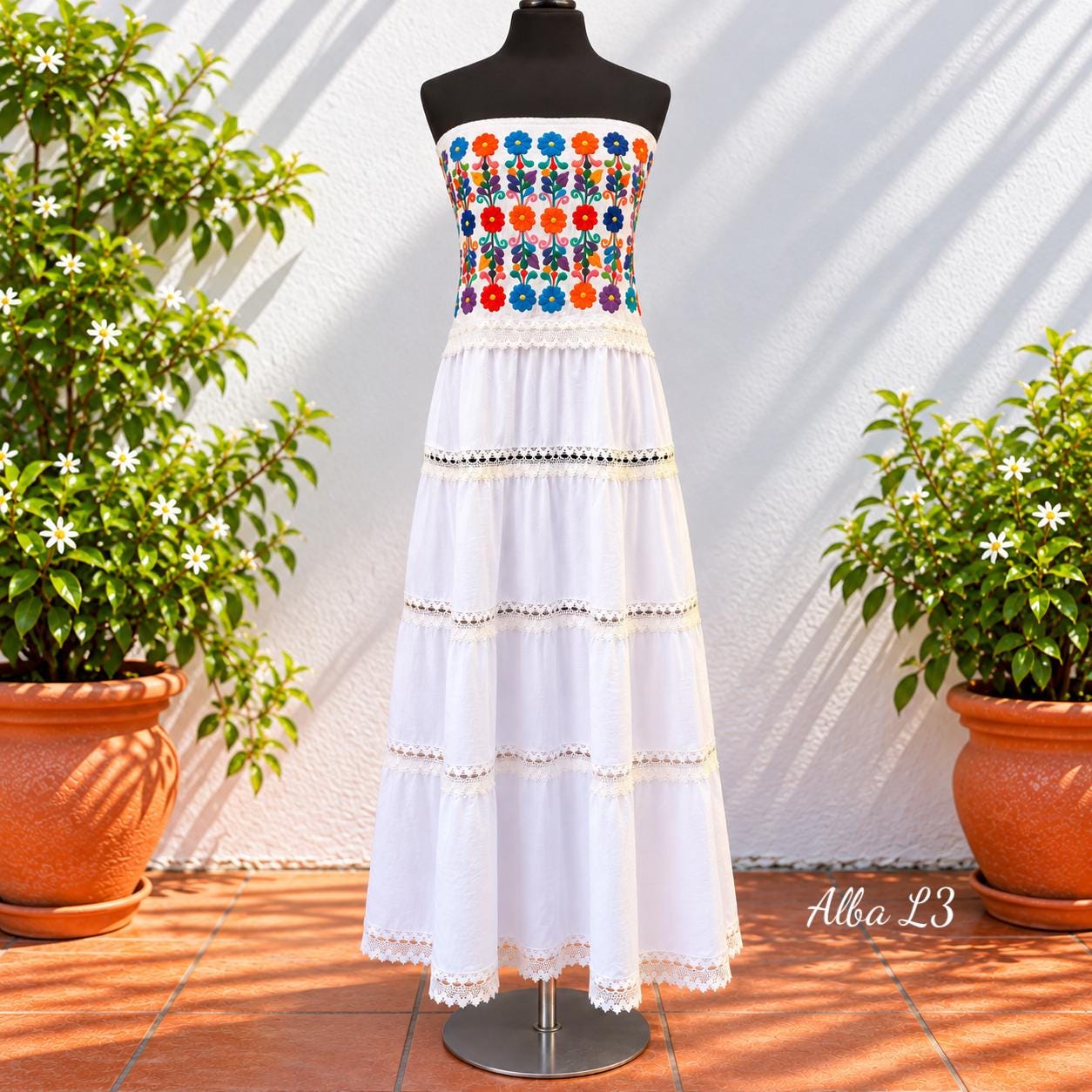 Image of Medium, White Maxi Dress Strapless Wedding Guest Beach Boho Bride Mexican Embroidered Bodice Floral Tiered Skirt Lace Muslin Summer Festival